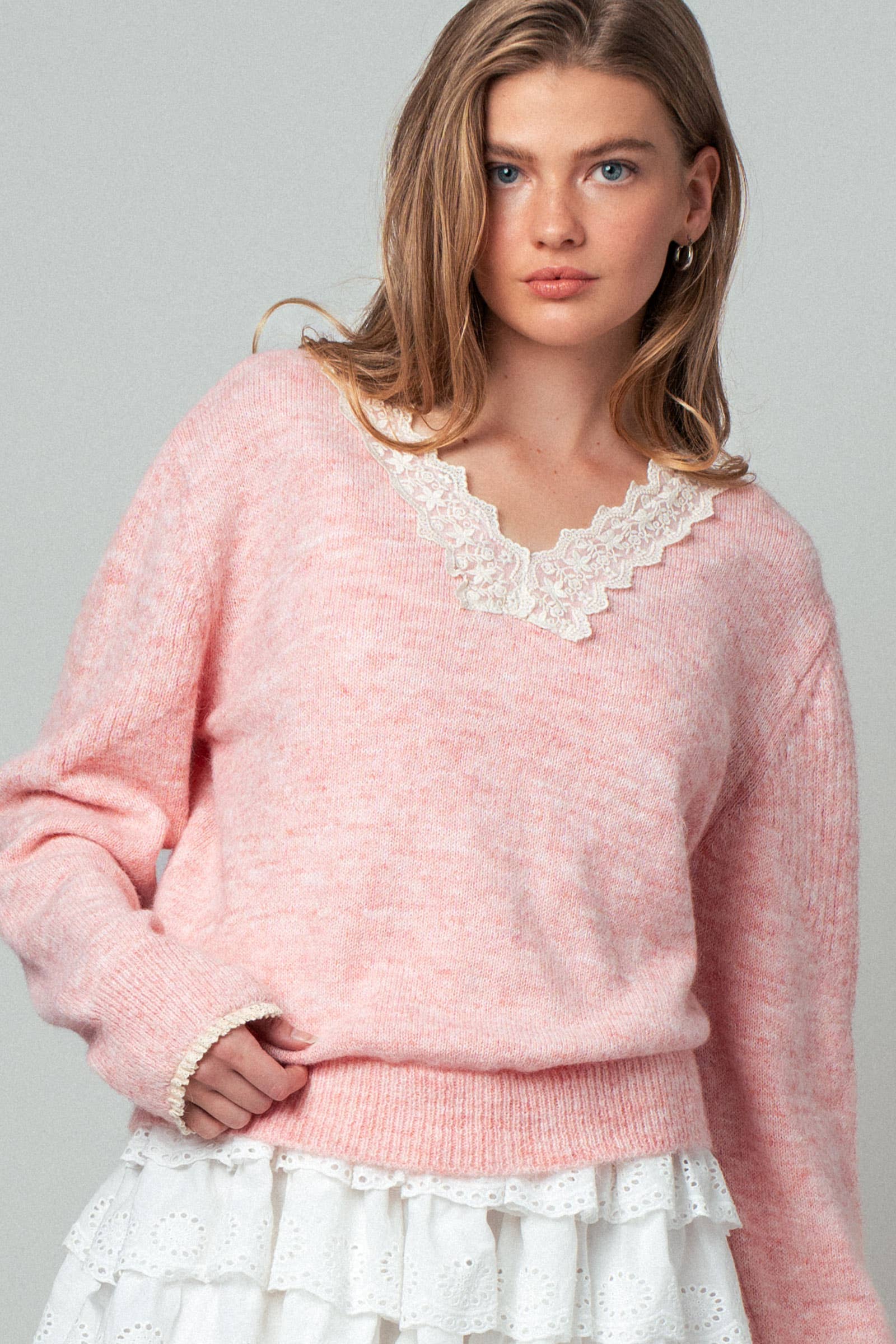 Lace Trim V-Neck Heathered Knit Sweater