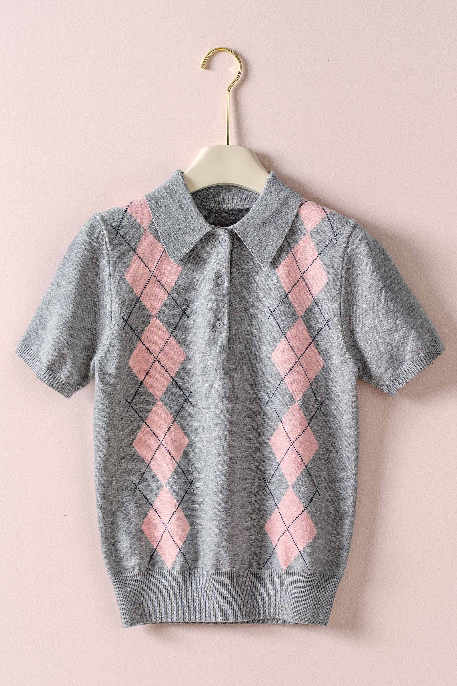 Preppy Argyle Short Sleeve Sweater