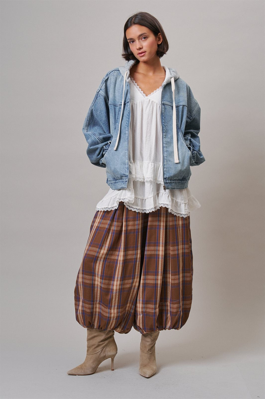 Hooded Denim Zip Up Jacket with French Terry Hood in DENIM - Women's Jackets & Blazers | Urban Daizy