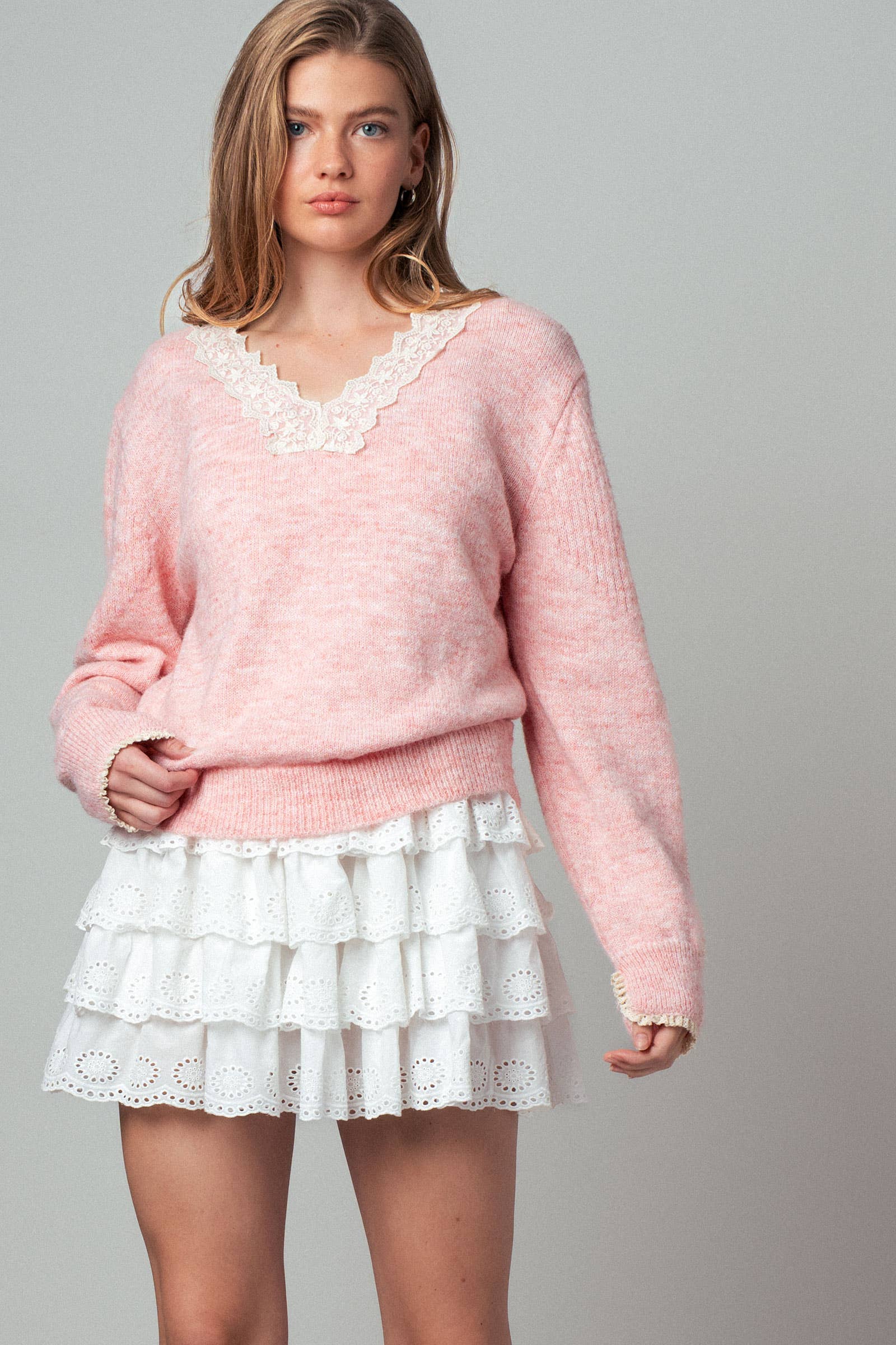 Lace Trim V-Neck Heathered Knit Sweater