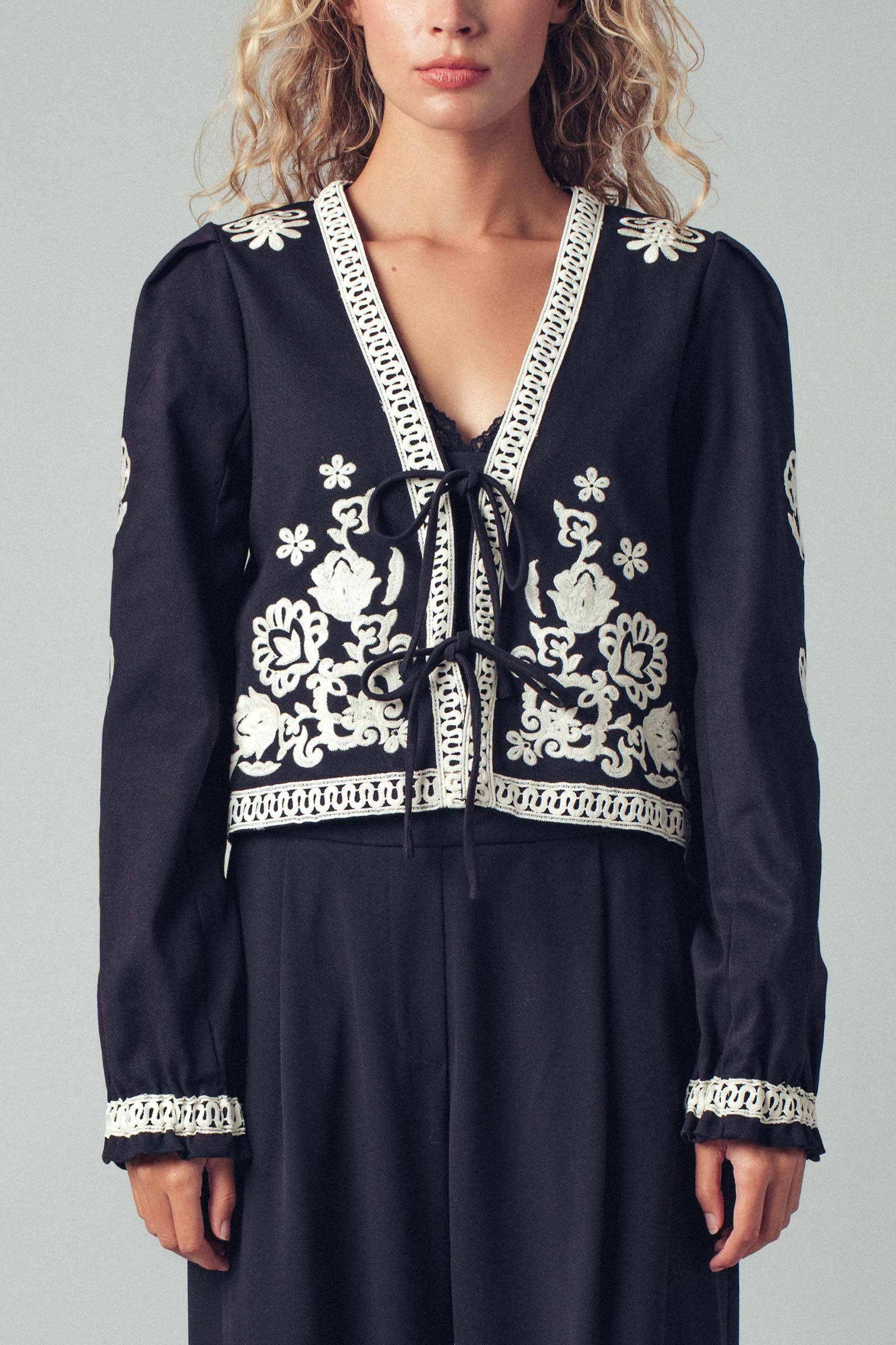 Urban Daizy Embroidered Boho Tie Neck Blouse Ecru Blouse - Women's (UDZ-OT-00357) – alternate view 5