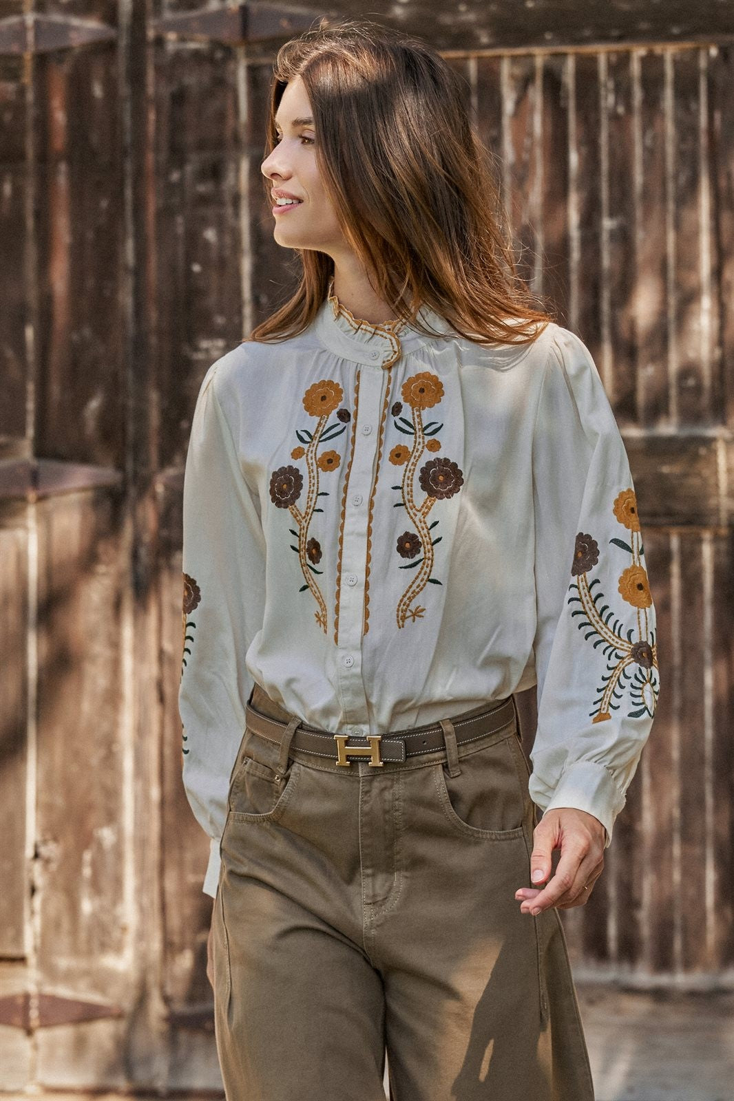 Embroidered Ruffle Neck Blouse in Western Folk Style in IVORY - Women's Shirts & Blouses | Urban Daizy