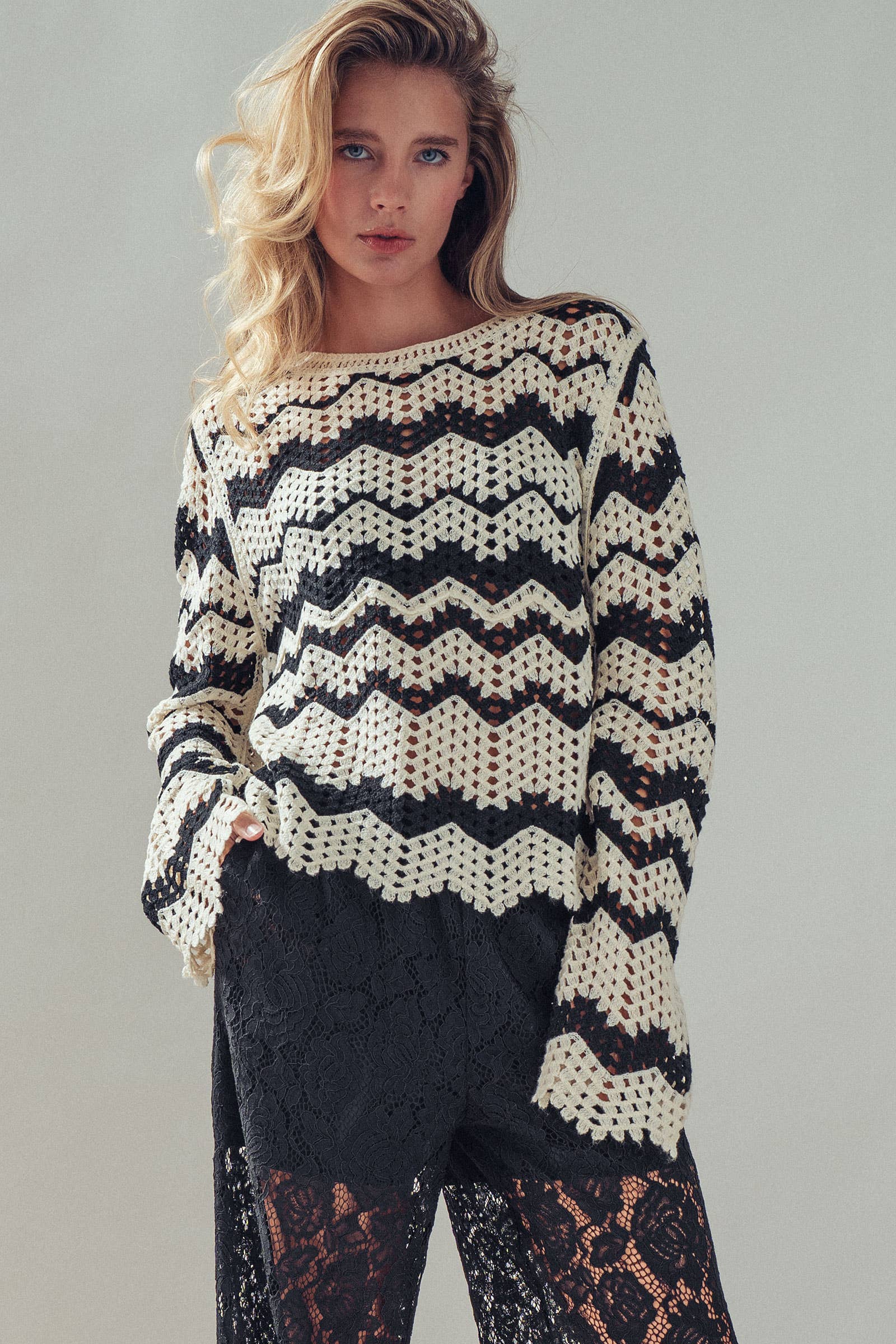 Chevron Pattern Open-Knit Crochet Sweater