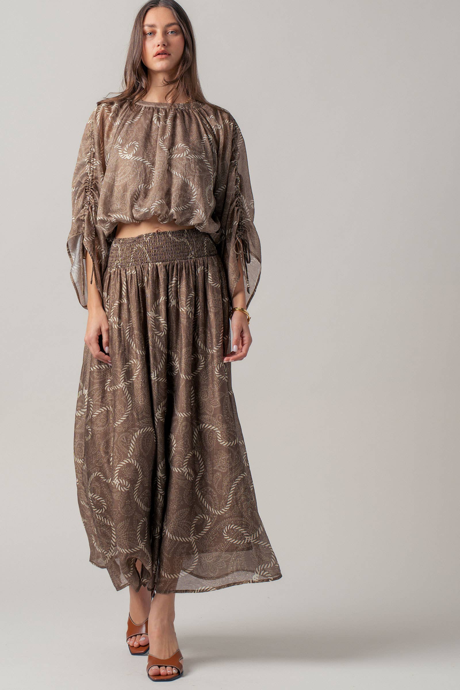 Rope Print Ruched Sleeve Blouse Linen Silk Blend