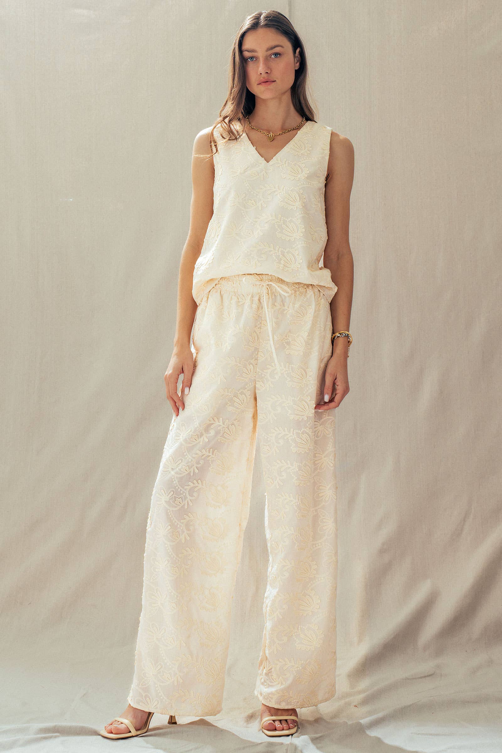 Floral Embroidered Cotton Top And Pant Set