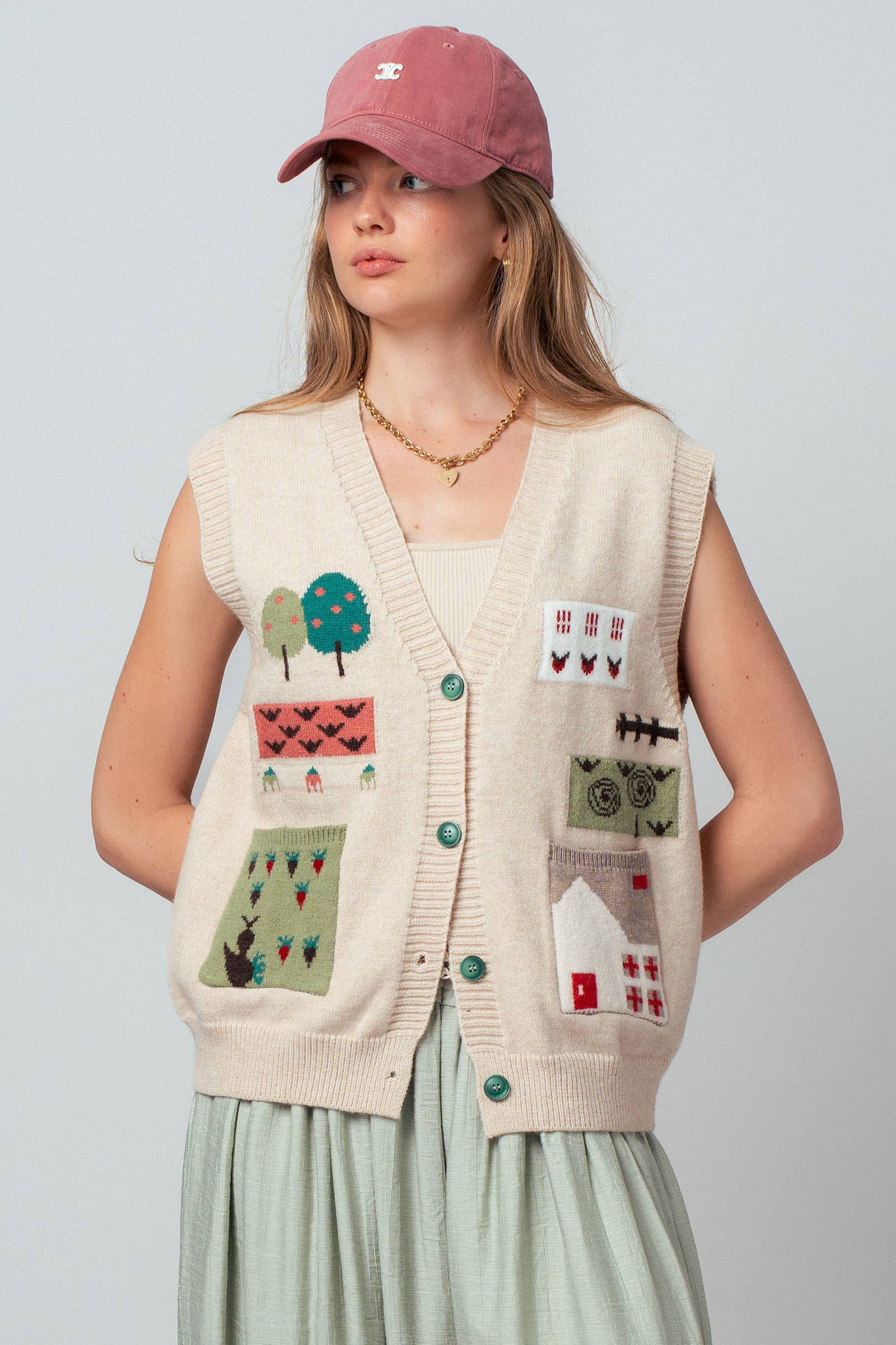 Urban Daizy Boho Graphic Knit Vest with Patch Pockets Oatmeal Sweater Vest - Women's (UDZ-KN-01039) – alternate view 9