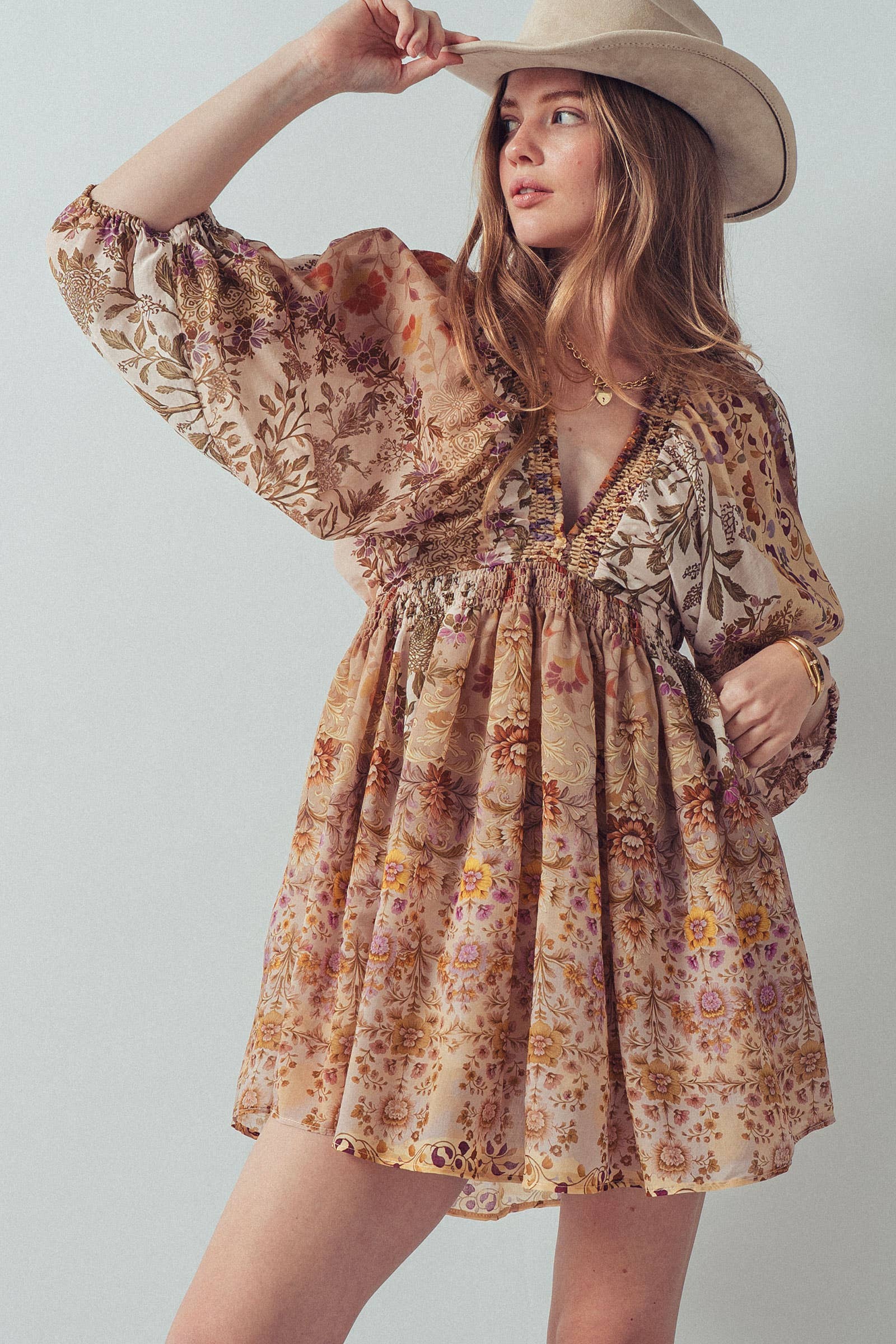 Urban Daizy Mixed-Print Boho Smocked Waist Mini Dress Taupe-Multi Dress - Women's (UDZ-DR-00478) – alternate view 15