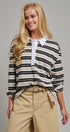 Striped Rugby Polo Long Sleeve Knit Top with Contrast Collar in IVORY BLACK - Women's T-Shirts & Polos | Urban Daizy