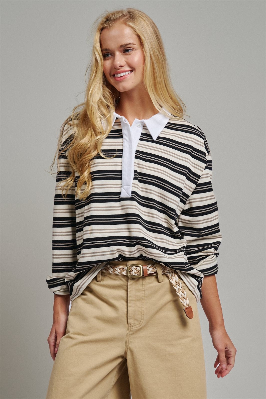Striped Rugby Polo Long Sleeve Knit Top with Contrast Collar in IVORY BLACK - Women's T-Shirts & Polos | Urban Daizy