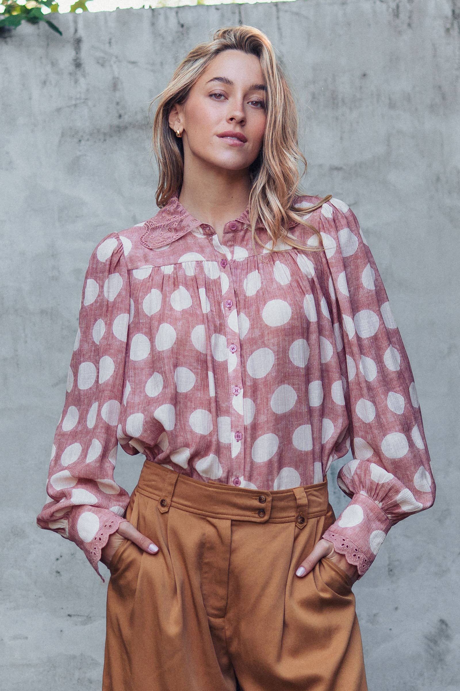 Urban Daizy Polka Dot Eyelet Lace Blouse Vintage-Rose Button Down Shirt - Women's (UDZ-TP-01038) – alternate view 2