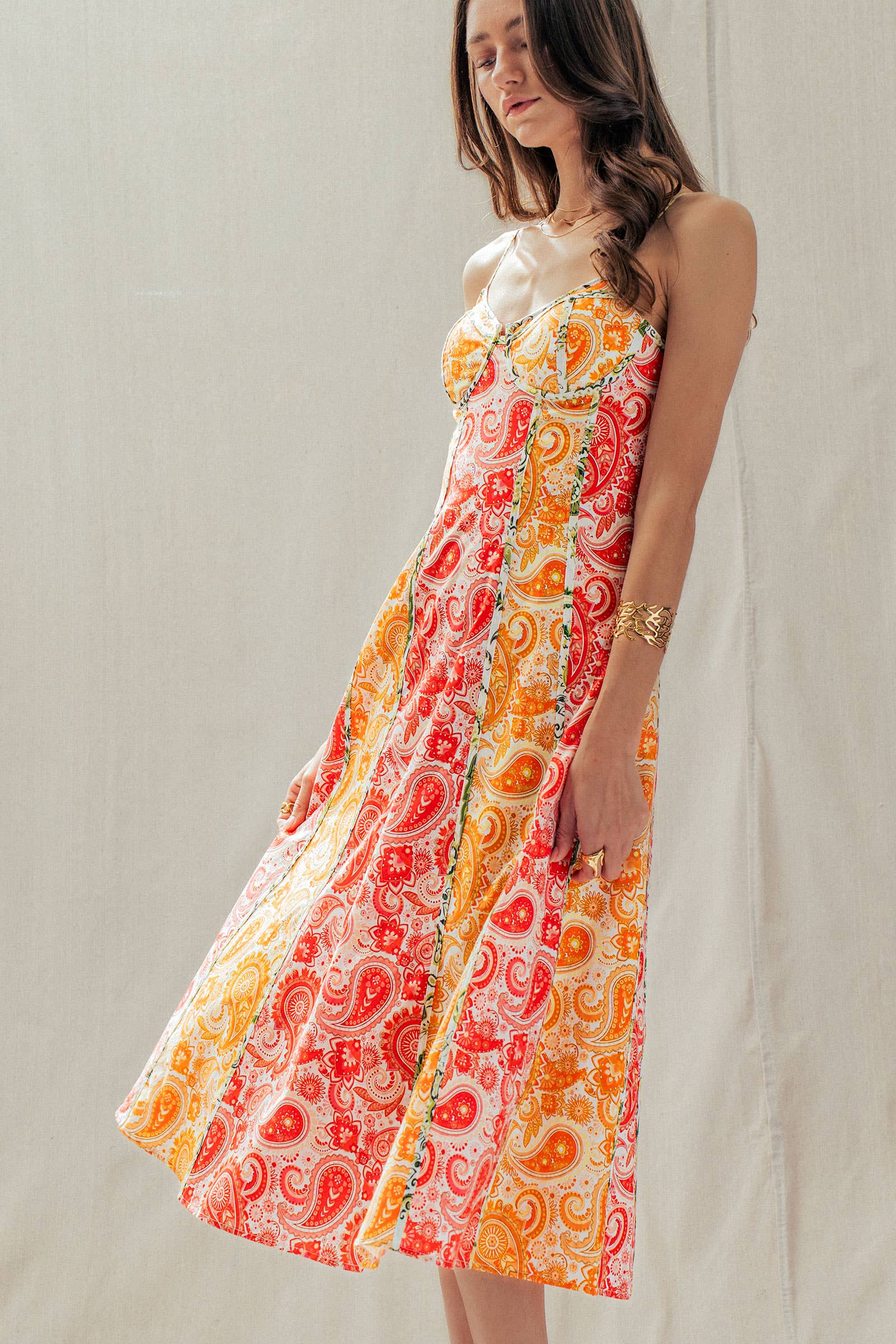 Urban Daizy Paisley Print Contrast Stitch Bustier Midi Dress Pink-Multi Dress - Women's (UDDR0340) – alternate view 4