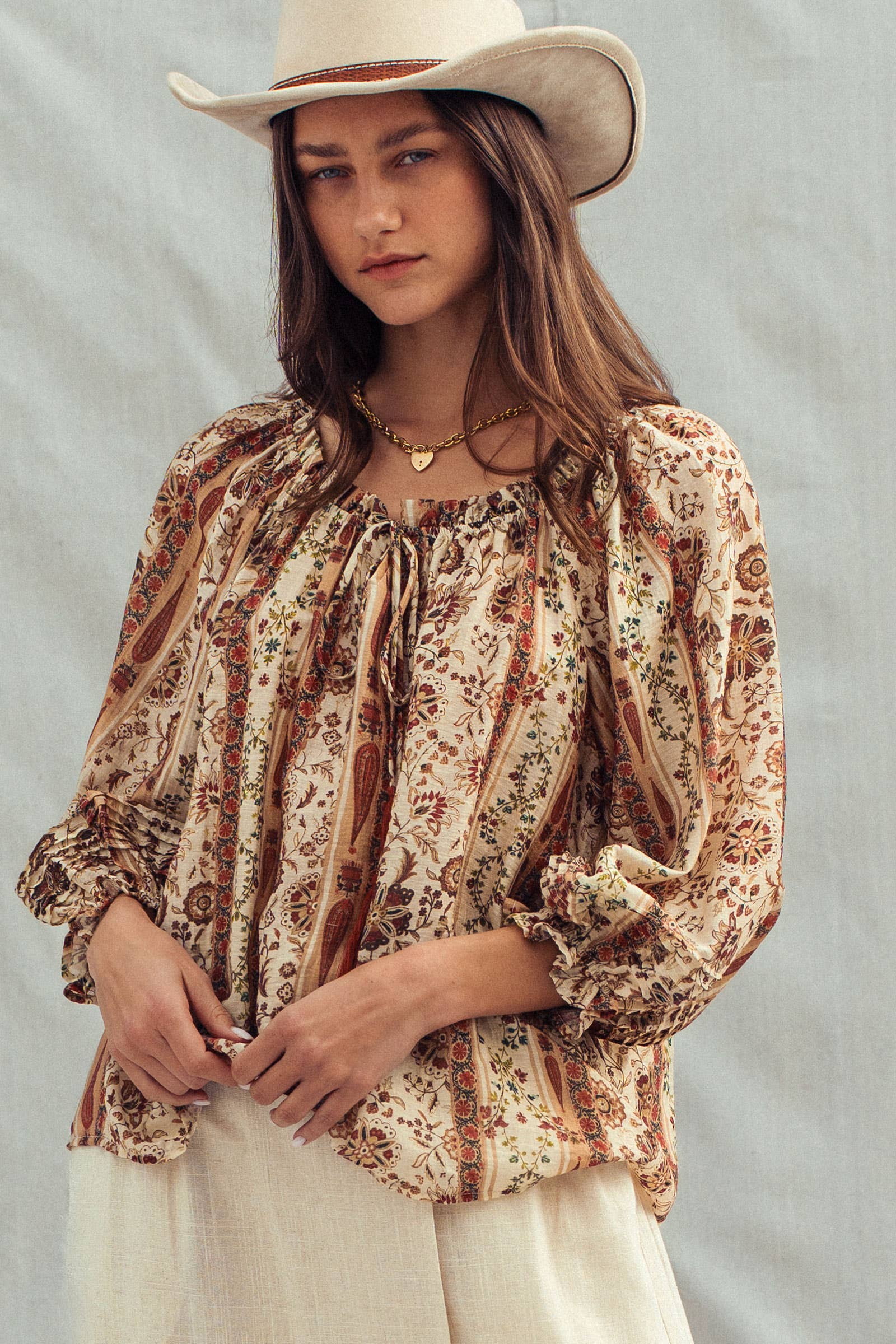 Urban Daizy Boho Off-Shoulder Floral Stripe Blouse Brown-Multi Blouse - Women's (UDZ-TP-01030) – alternate view 3