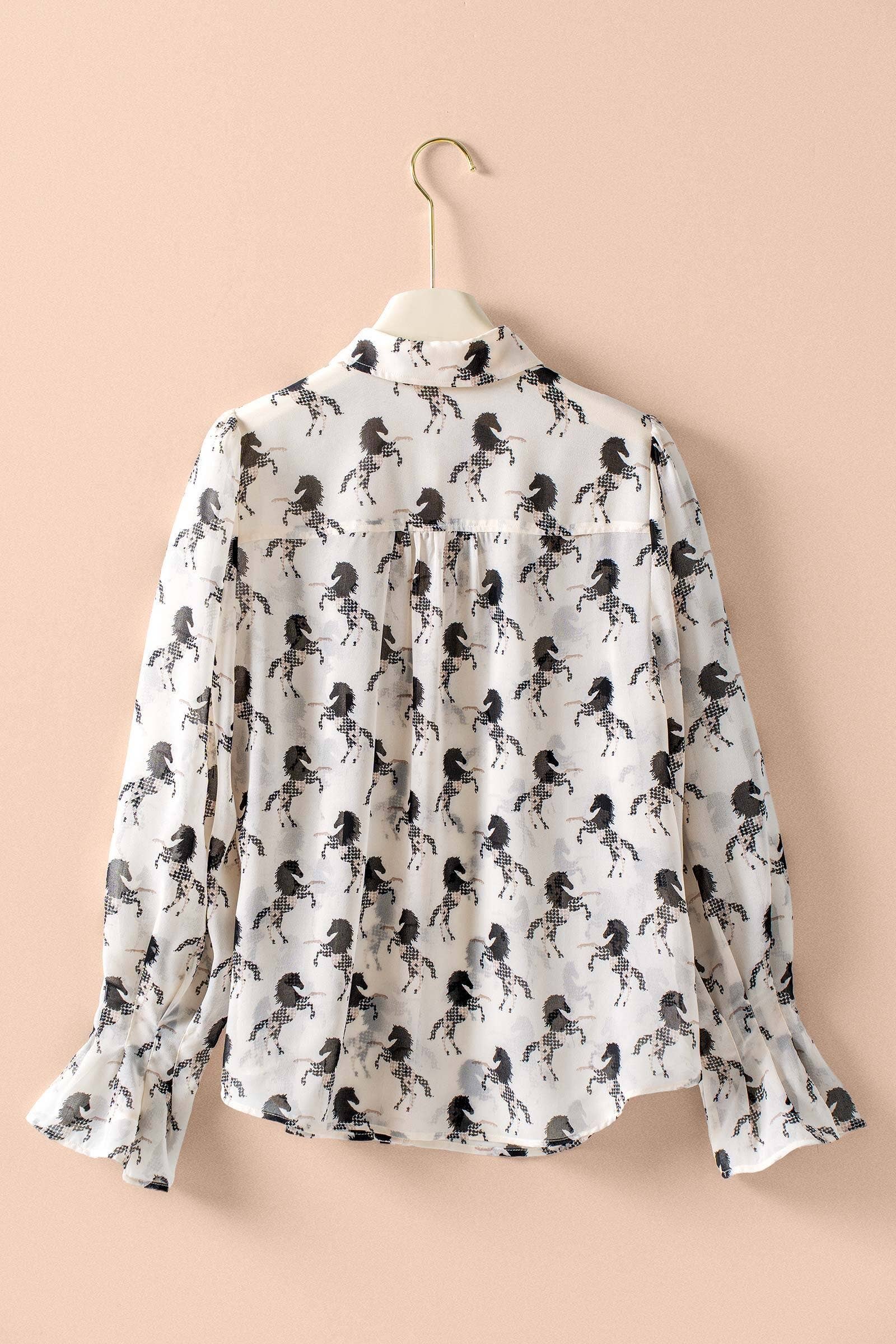 Urban Daizy Western Horse Print Button Down Blouse Flared Cuff Ivory-Black Blouse - Women's (UDZ-TP-01055) – alternate view 8