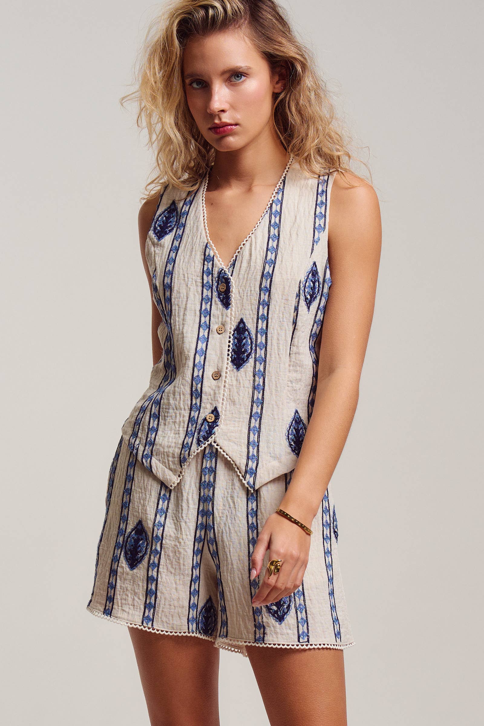 Blue Embroidered Linen Blend Button Front Vest