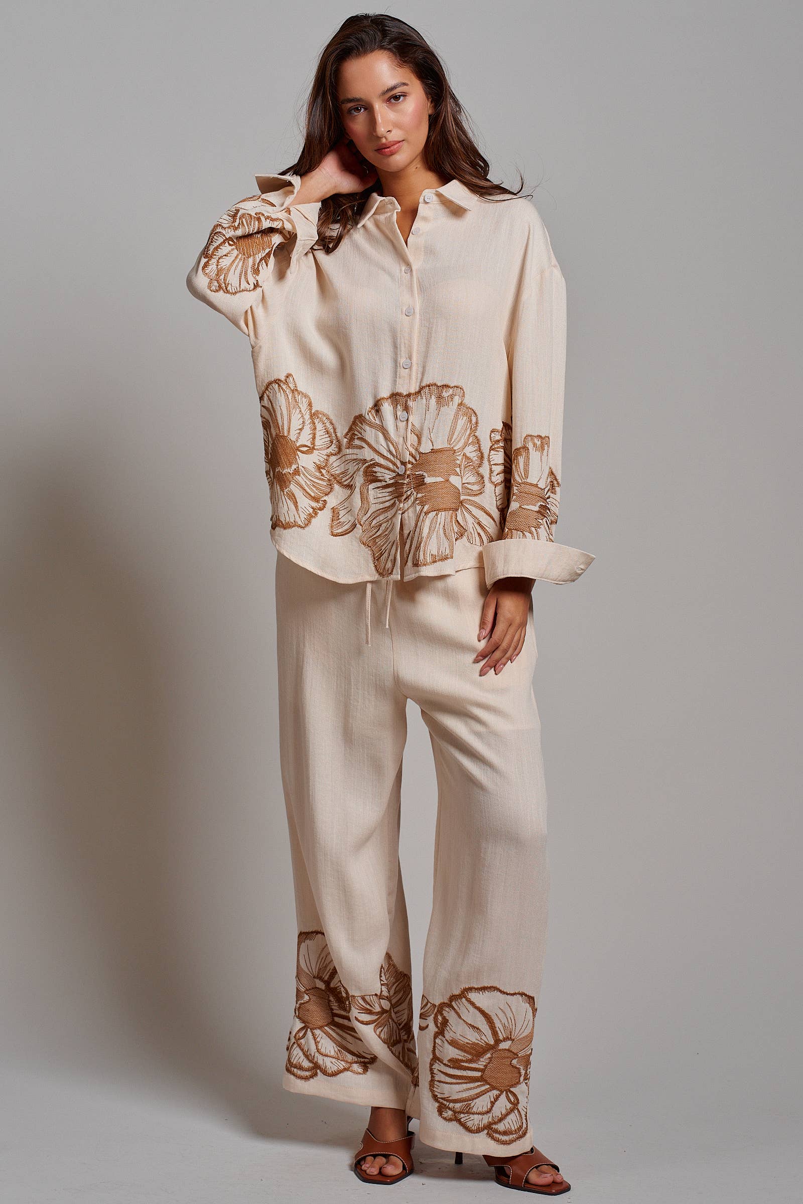 Floral Embroidered Wide Leg Drawstring Pants