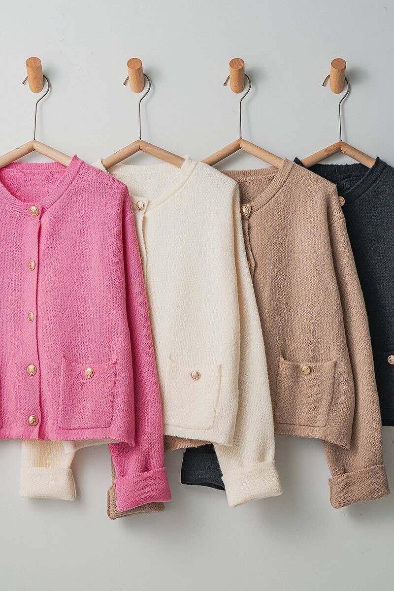 Textured Button Front Cropped Knit Cardigan