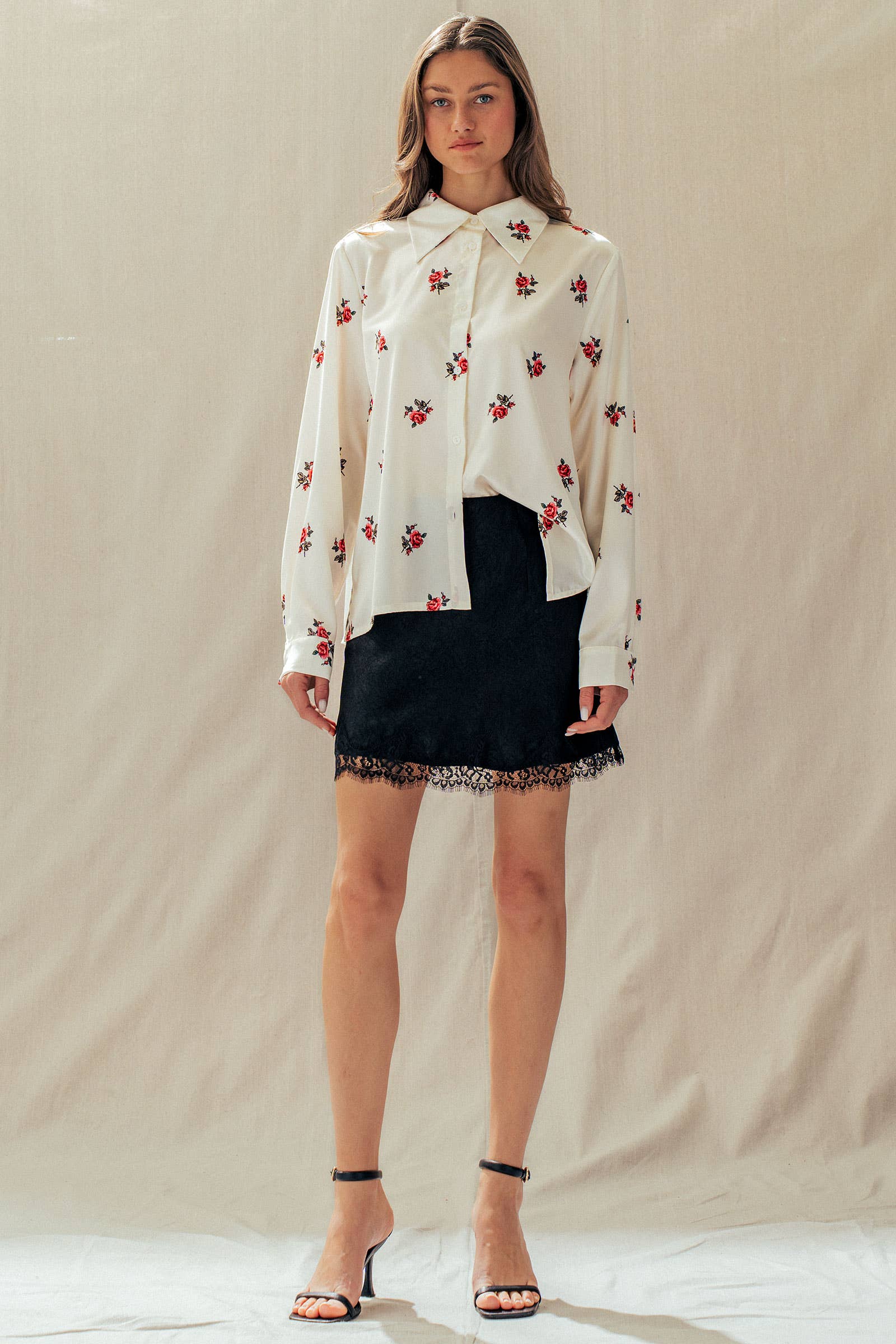 Rose Print Satin Button-Up Blouse