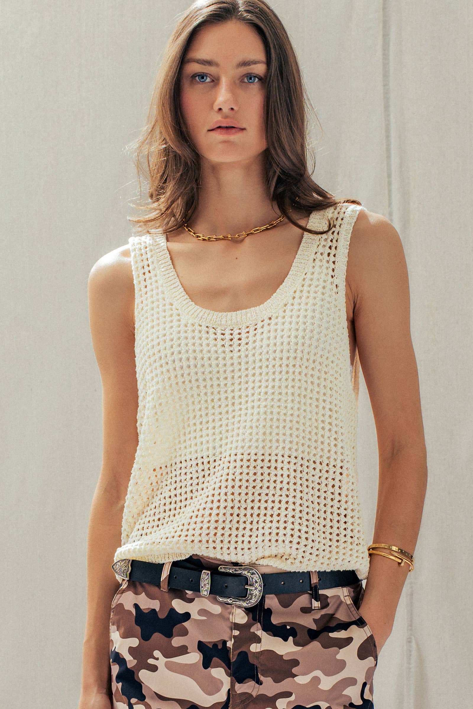 Relaxed Open-Knit Sleeveless Sweater Tank
