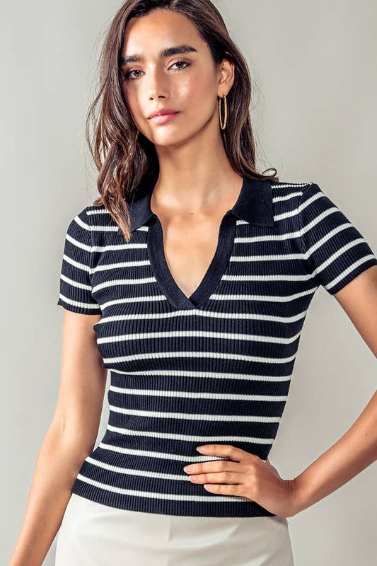 Urban Daizy Ribbed Stripe V-Neck Knit Top Ivory Knit Top - Women's (UDZ-TP-00562) – alternate view 8