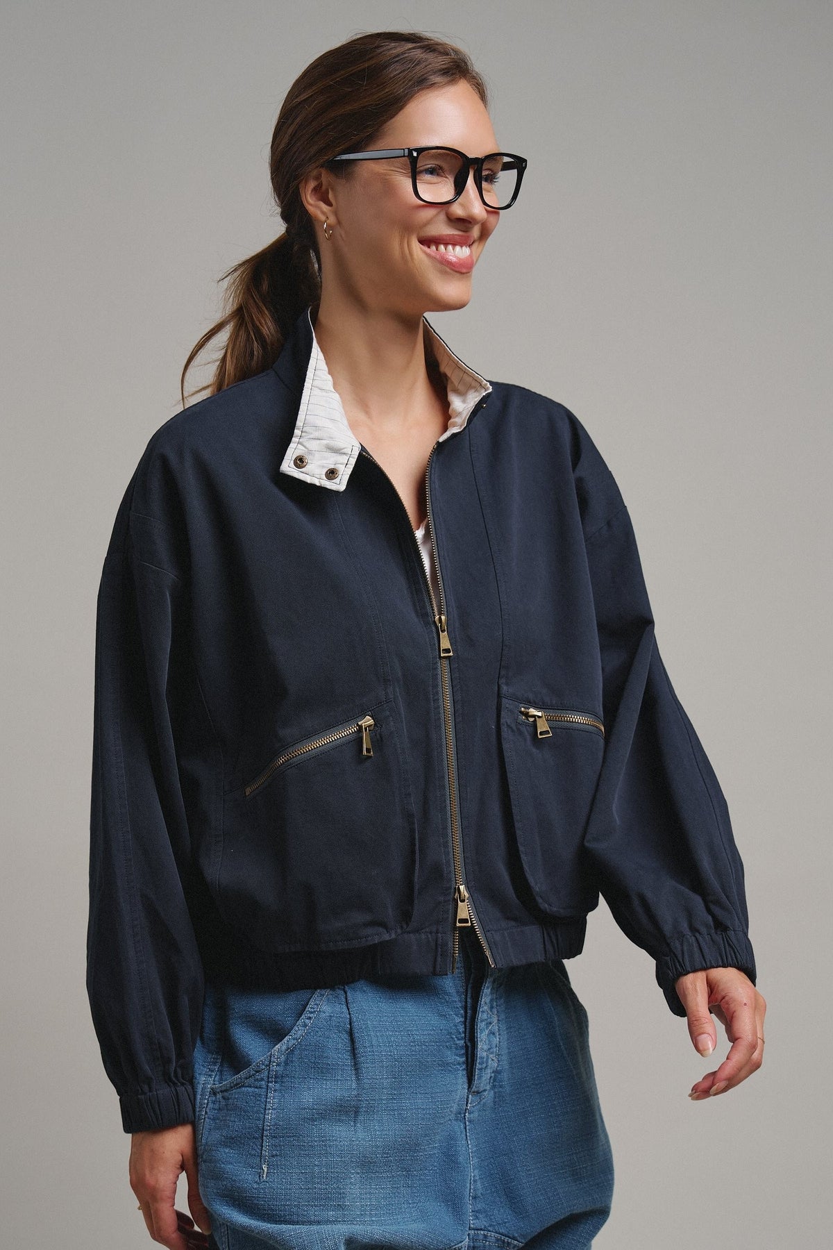 Cropped Zip Bomber Jacket in NAVY - Women's Jackets & Blazers | Urban Daizy