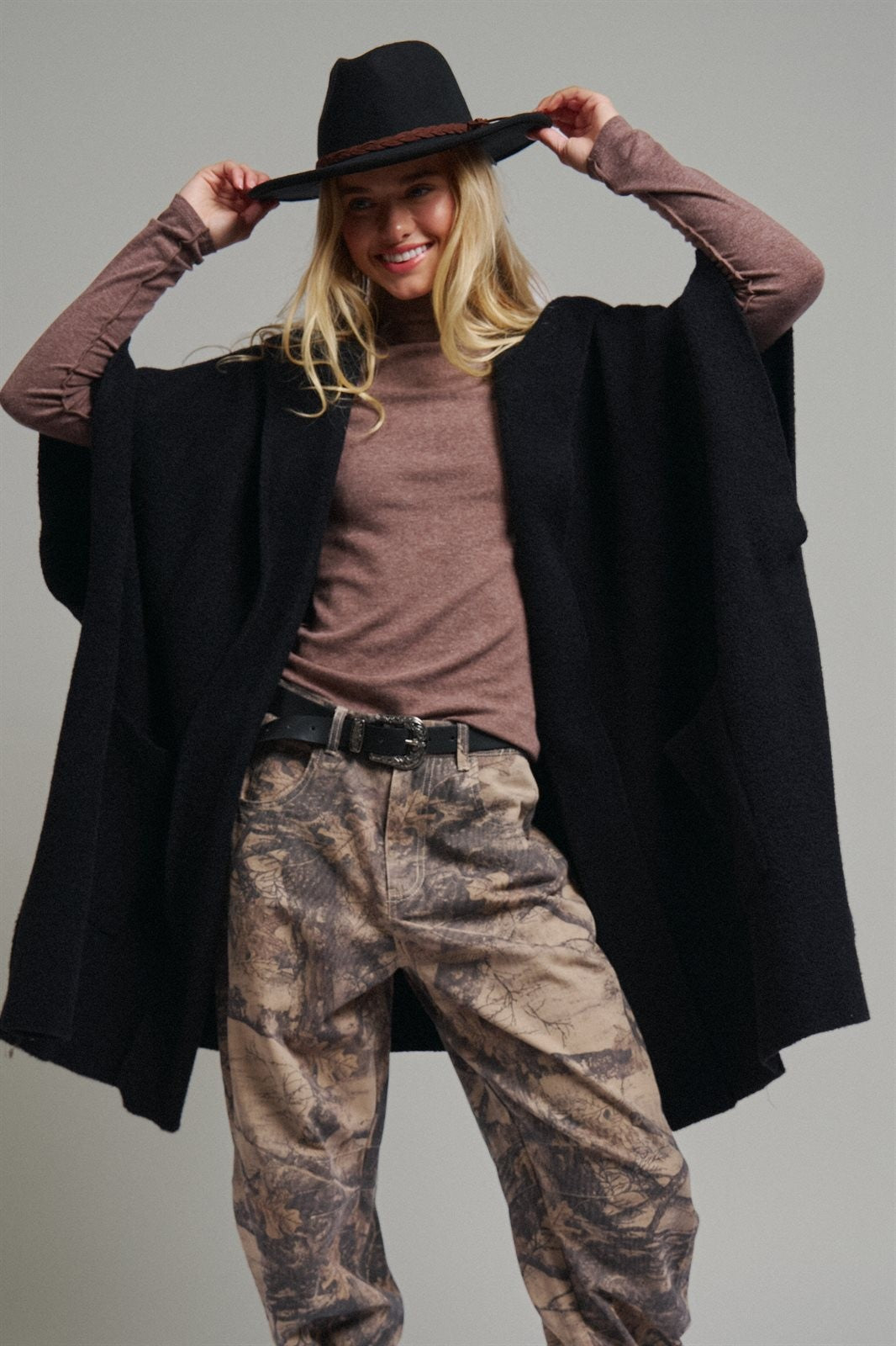 Oversized Wide Collar Open Front Poncho Cardigan in BLACK - Women's Cardigans & Shrugs | Urban Daizy