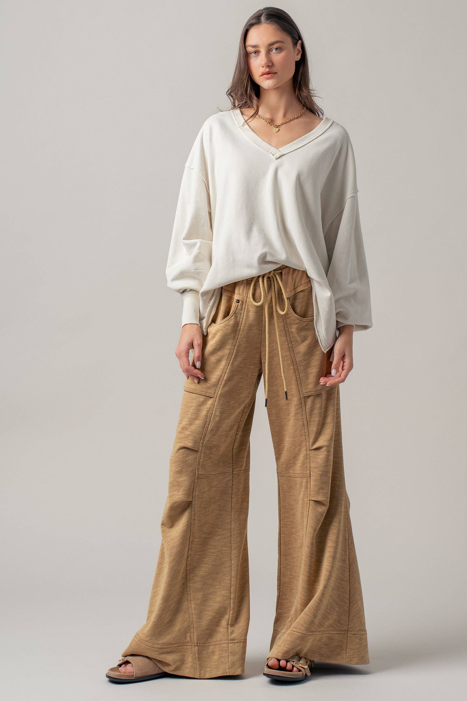 Drawstring Waist Seam Detail Wide-Leg Pants