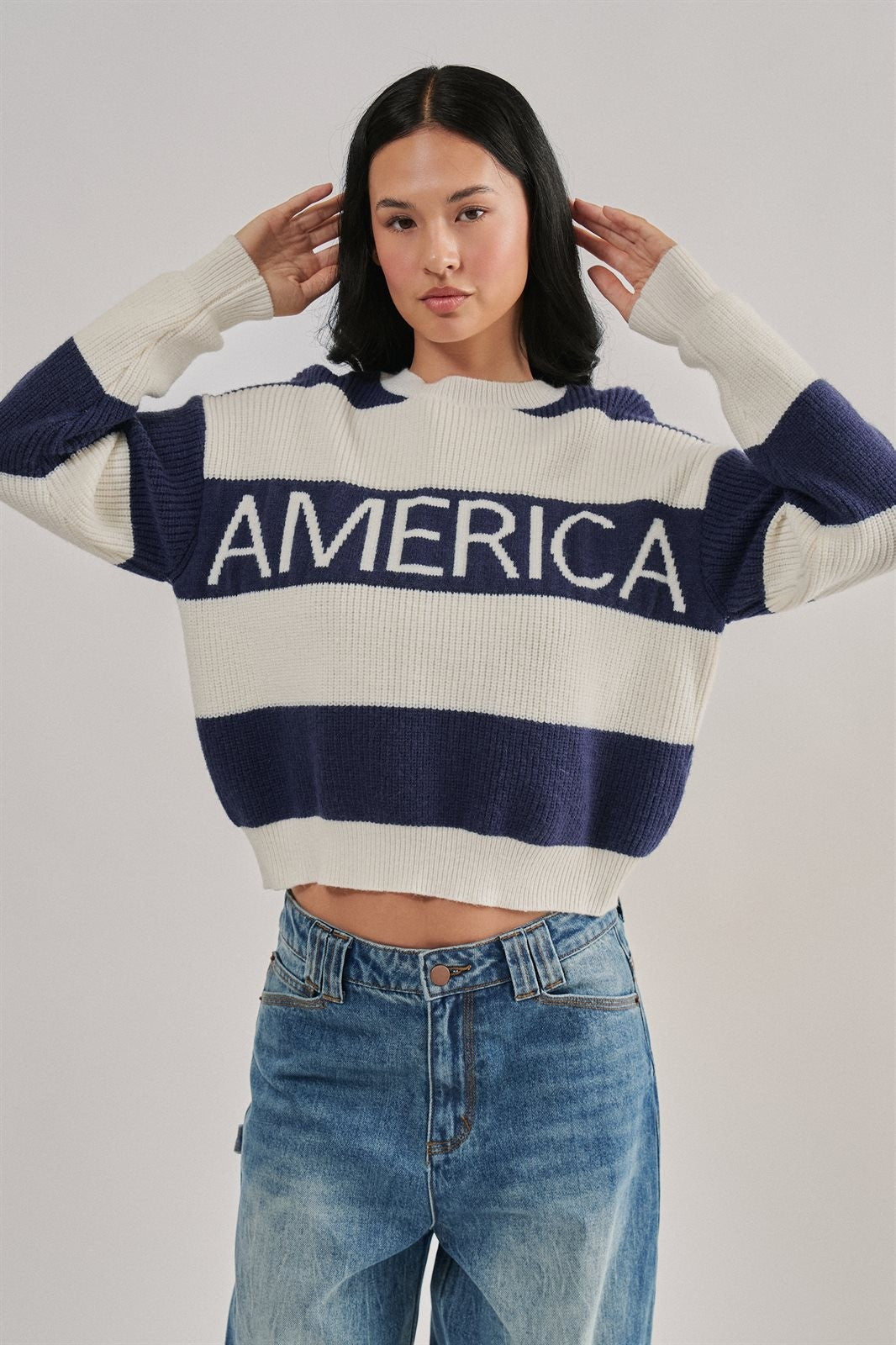 Nantucket America Stripe Crewneck Sweater in IVORY NAVY - Women's Sweaters | Urban Daizy