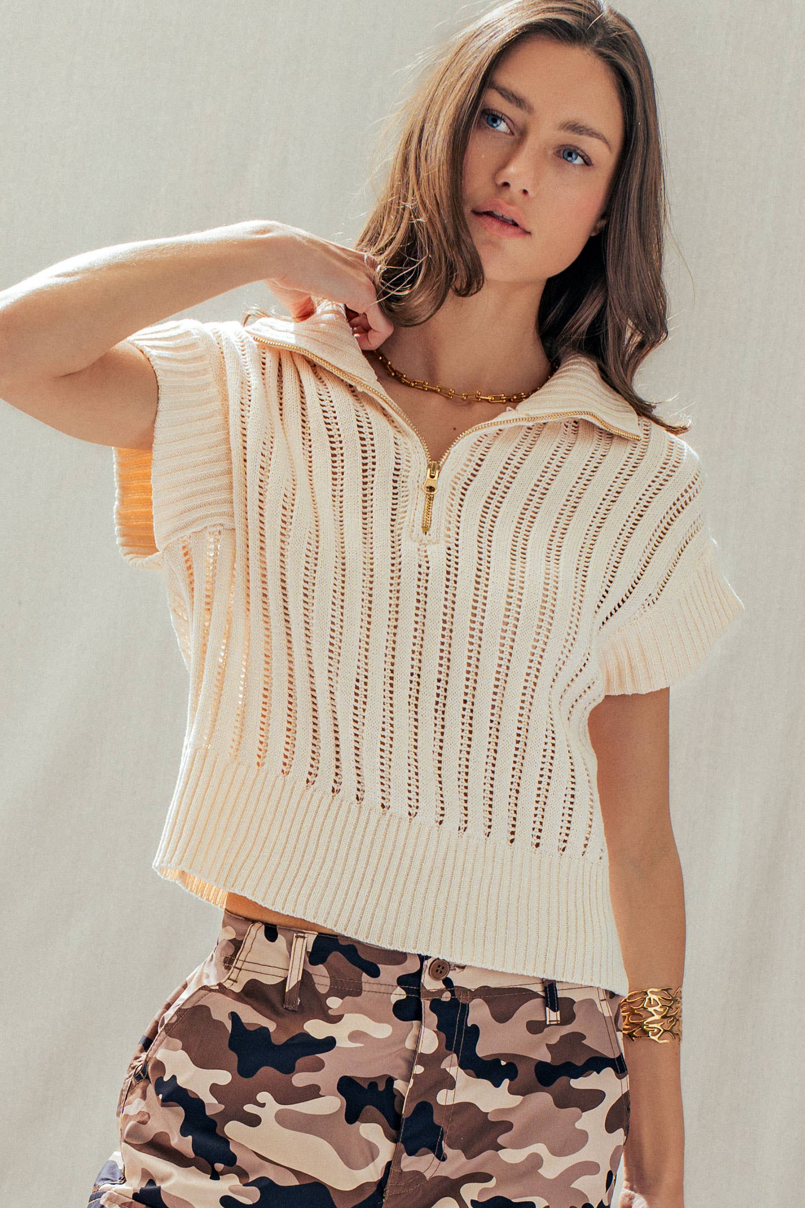 Ribbed Knit Half-Zip Mock Neck Sweater Vest