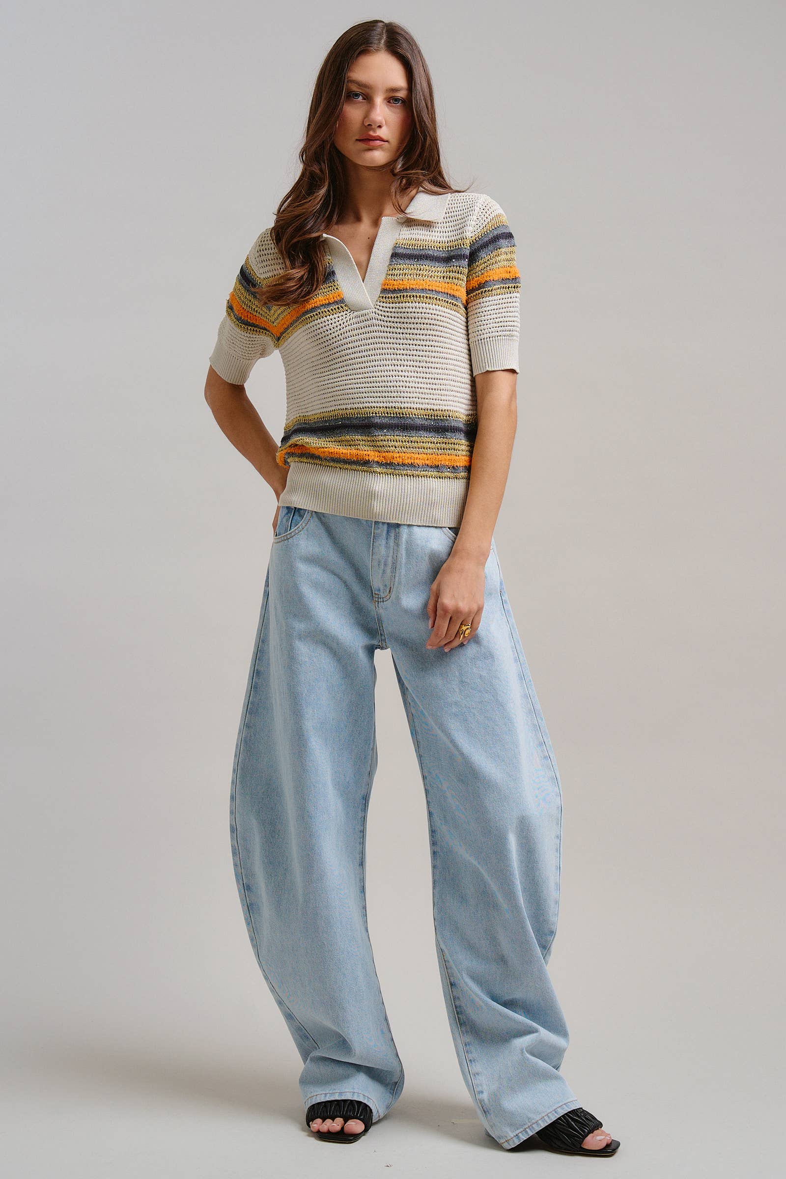 Retro Striped Open Knit V-Neck Polo