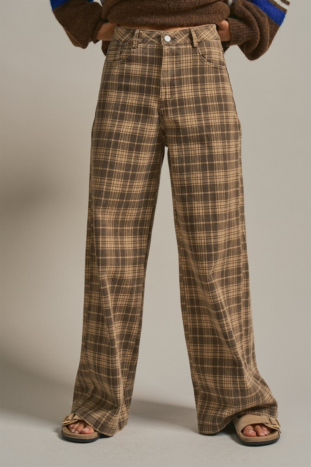 Checker Plaid Wide Leg Pants Y2K Vintage Western for Women in BROWN - Women's Casual Pants | Urban Daizy