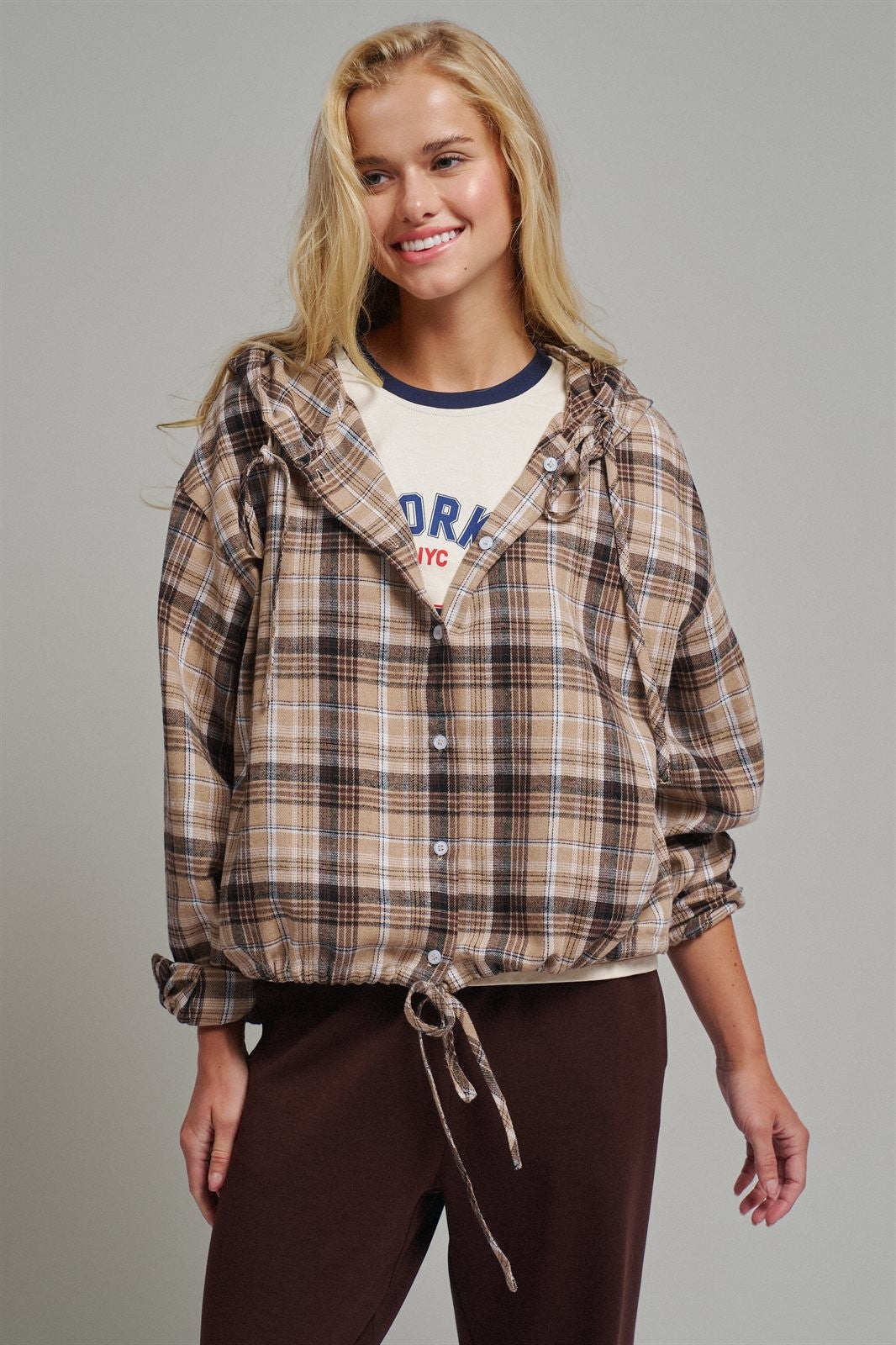 Plaid Flannel Hooded Shirt Jacket with Drawstring Hem in KHAKI - Women's Shirts & Blouses | Urban Daizy