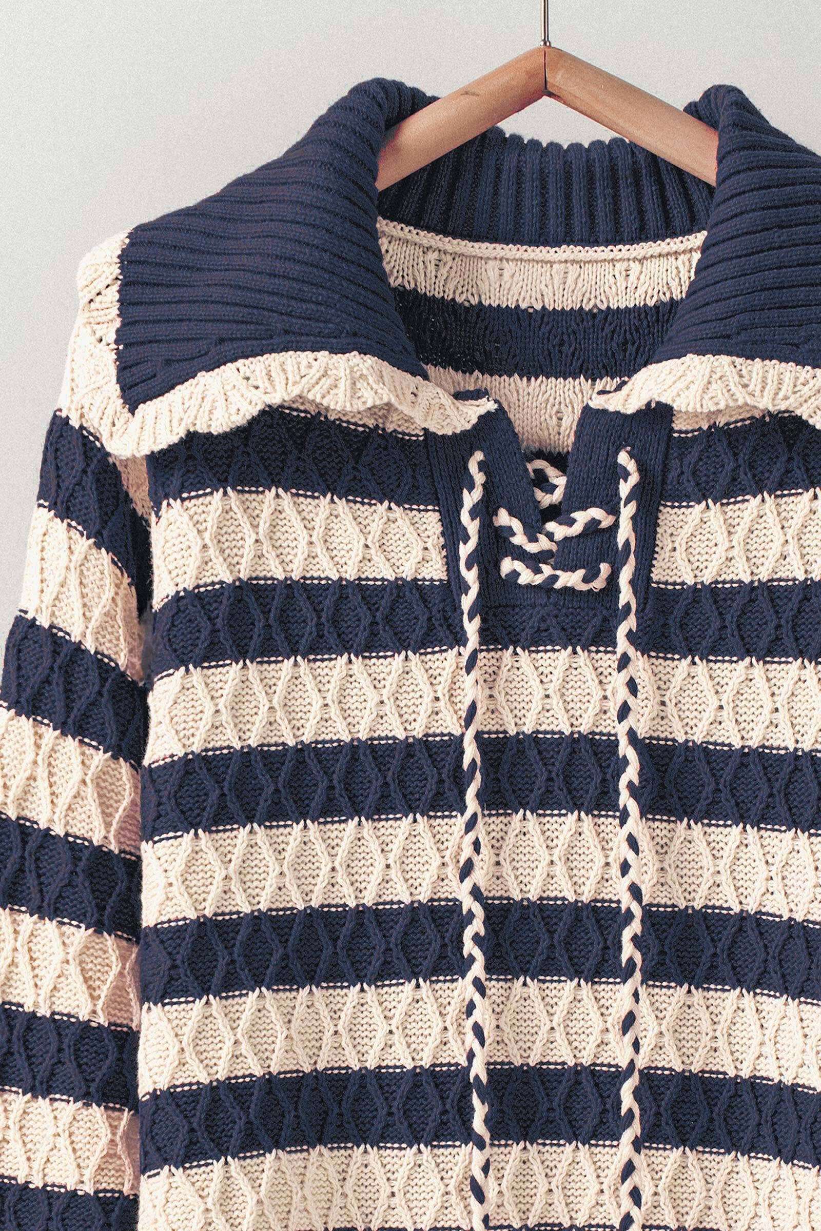 Lace-Up Cable Knit Striped Sweater Top