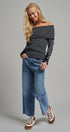 Off-Shoulder Striped Knit Top with Button Cuffs in BLACK - Women's Sweaters | Urban Daizy