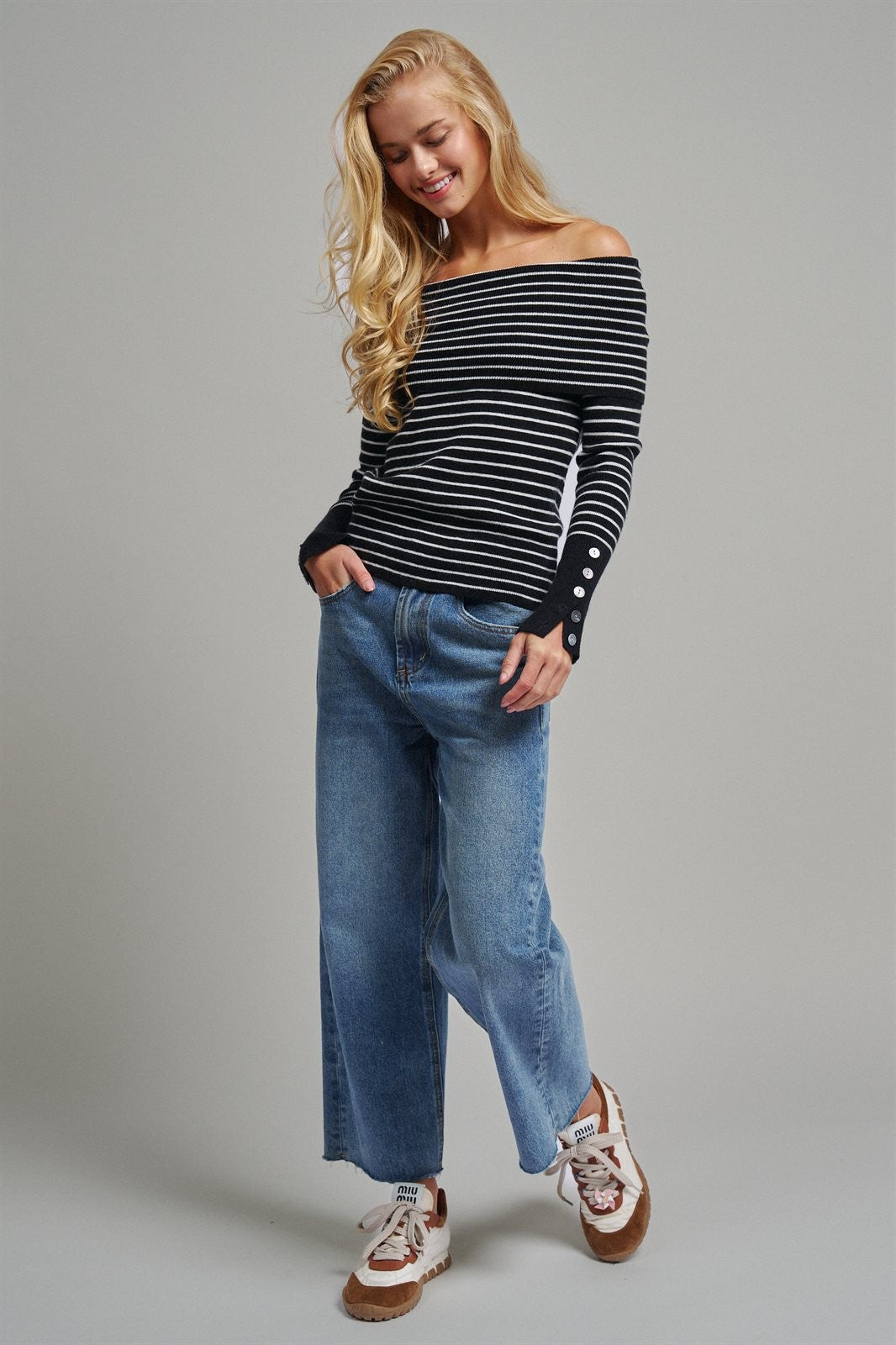 Off-Shoulder Striped Knit Top with Button Cuffs in BLACK - Women's Sweaters | Urban Daizy