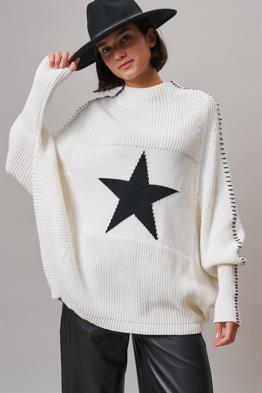 Star Intarsia Mock Neck Sweater in IVORY - Women's Sweaters | Urban Daizy