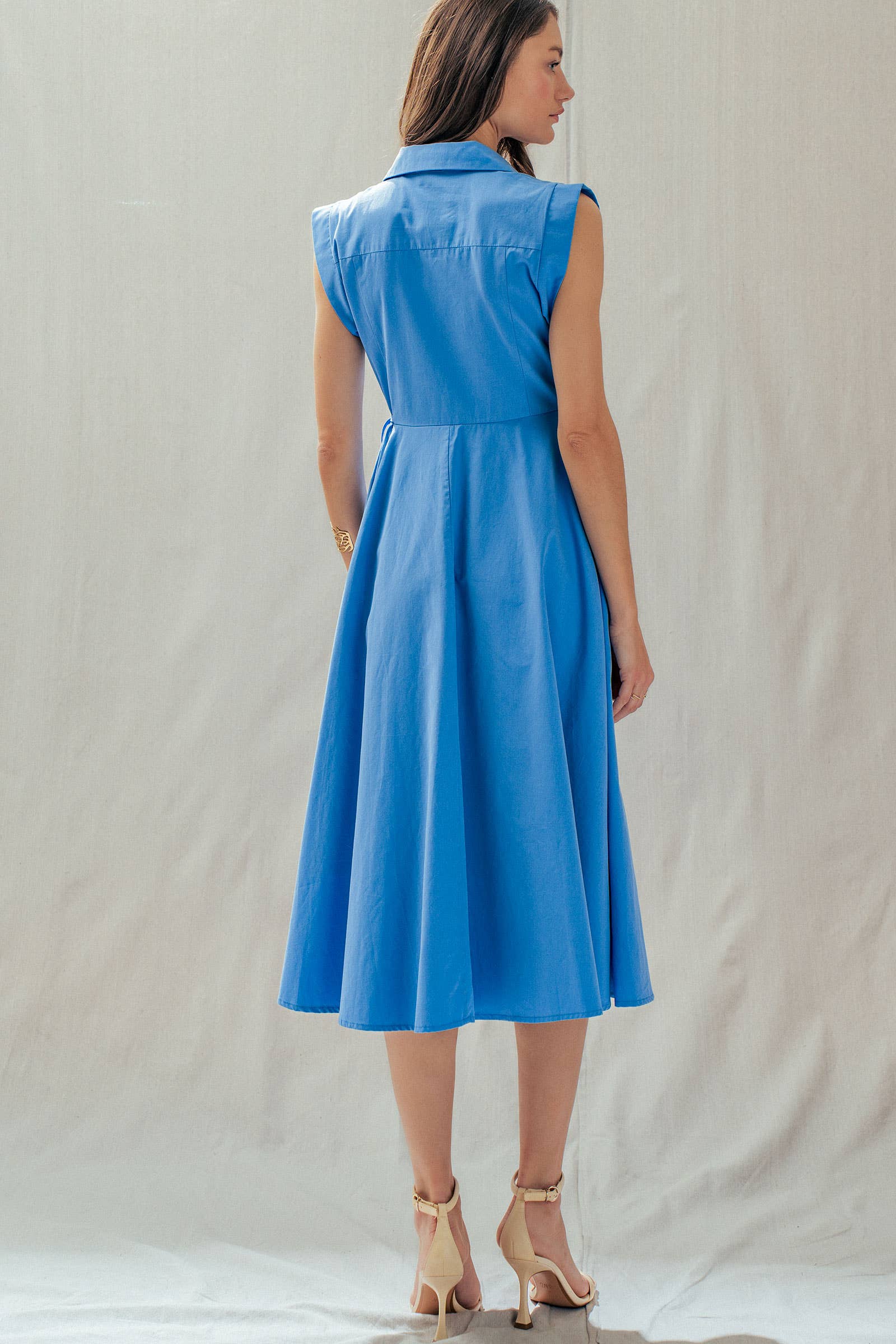Collared Cap Sleeve Wrap Midi Dress