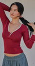 Lace Trim Slub Knit Henley Long Sleeve Top | wholesale knit top - women's | Urban Daizy