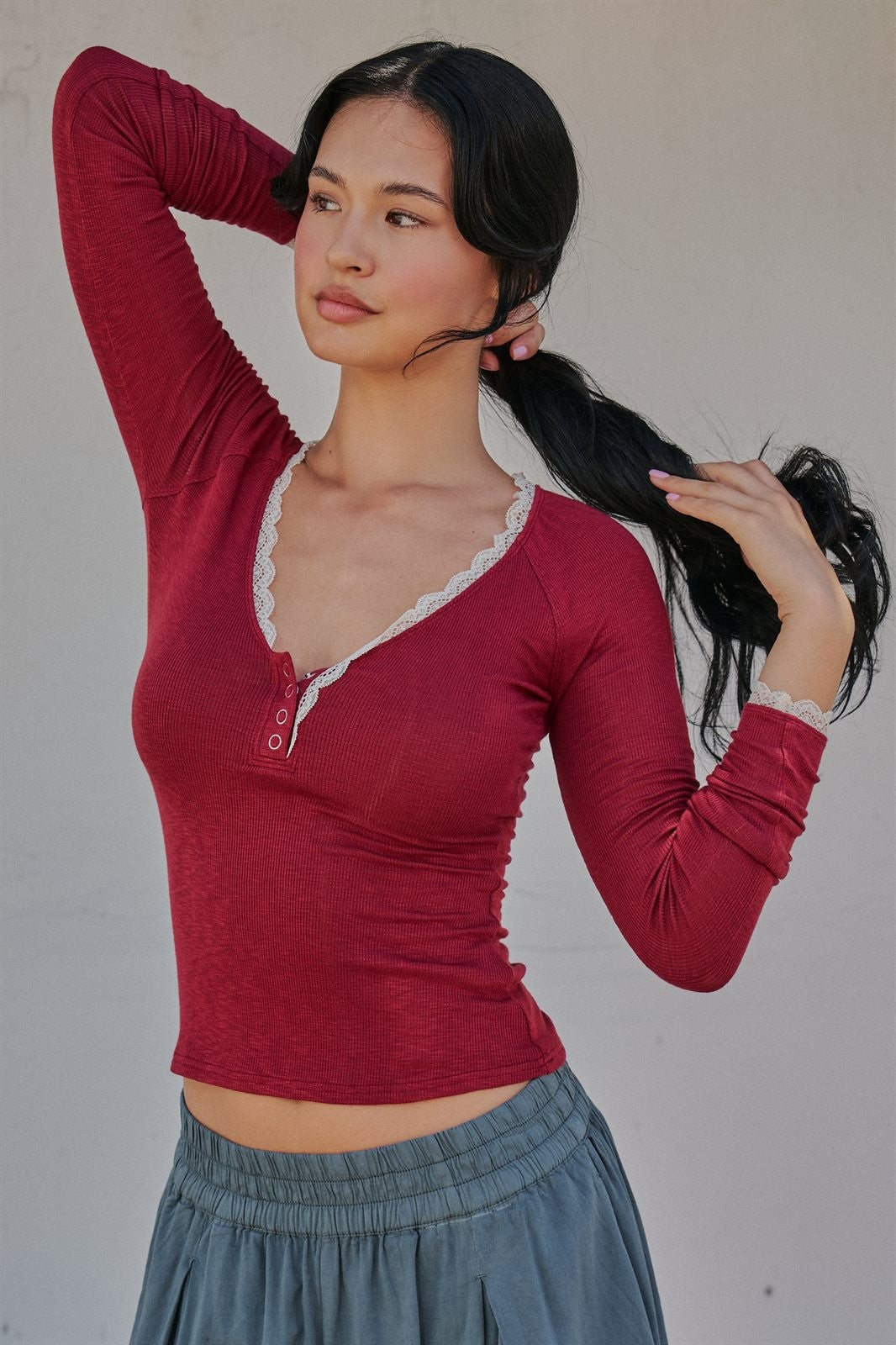 Lace Trim Slub Knit Henley Long Sleeve Top | wholesale knit top - women's | Urban Daizy