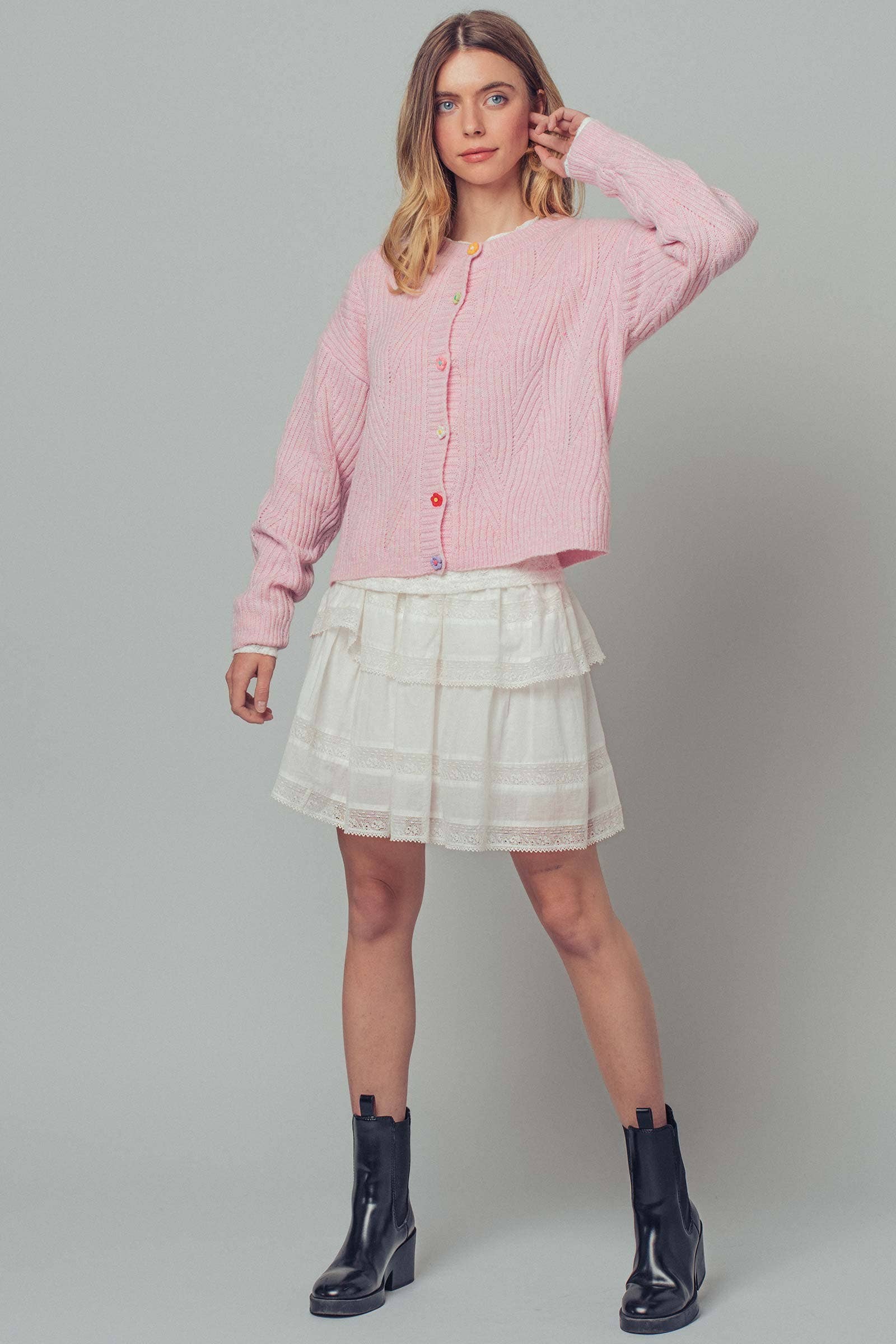 Flower Button Textured Knit Cardigan