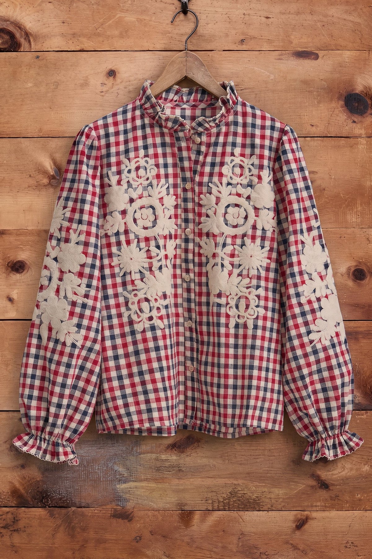 Floral Embroidered Gingham Blouse in Romantic Prairie Style in RED/NAVY - Women's Graphic T-shirts | Urban Daizy