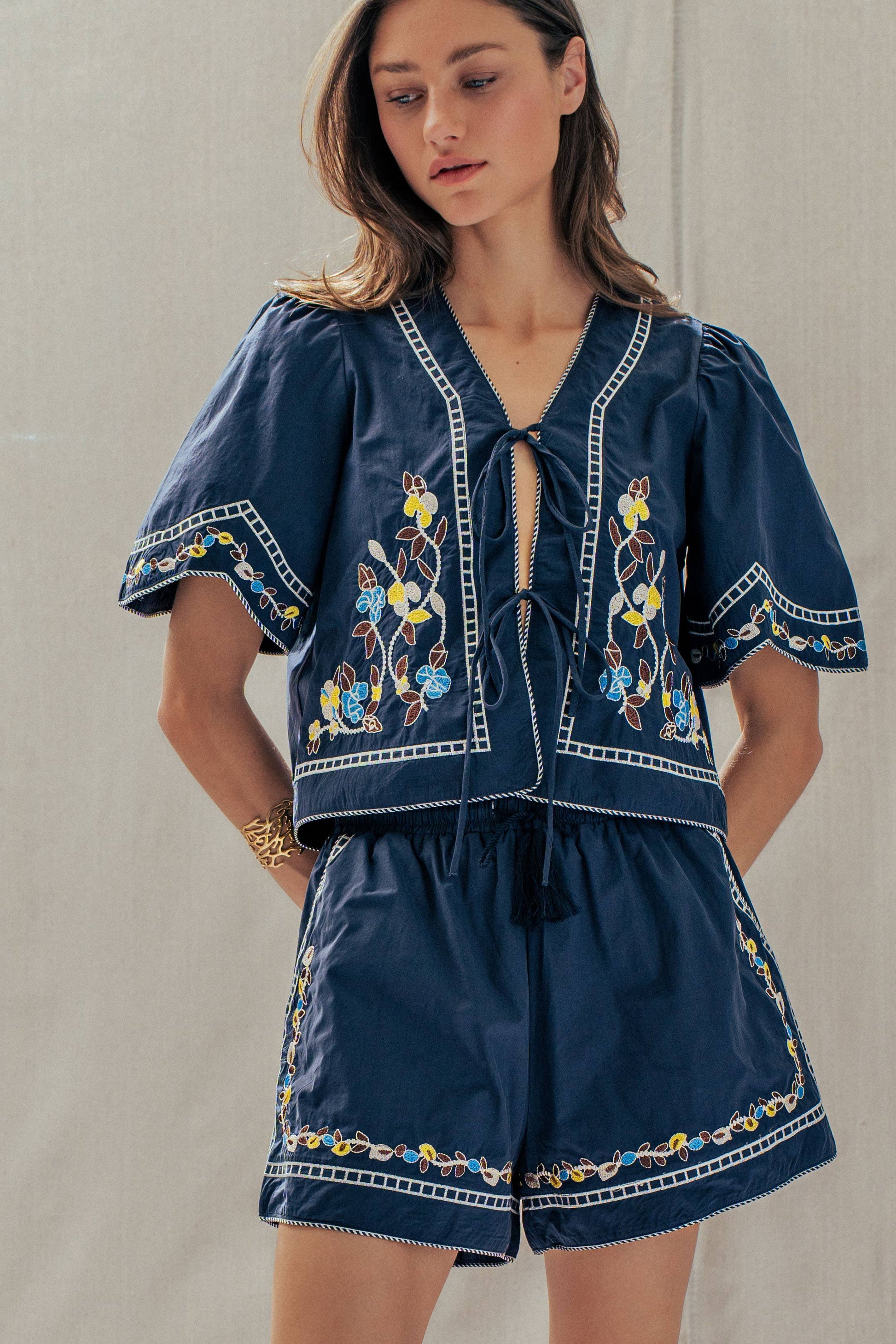 Floral Embroidered Drawstring Cotton Shorts
