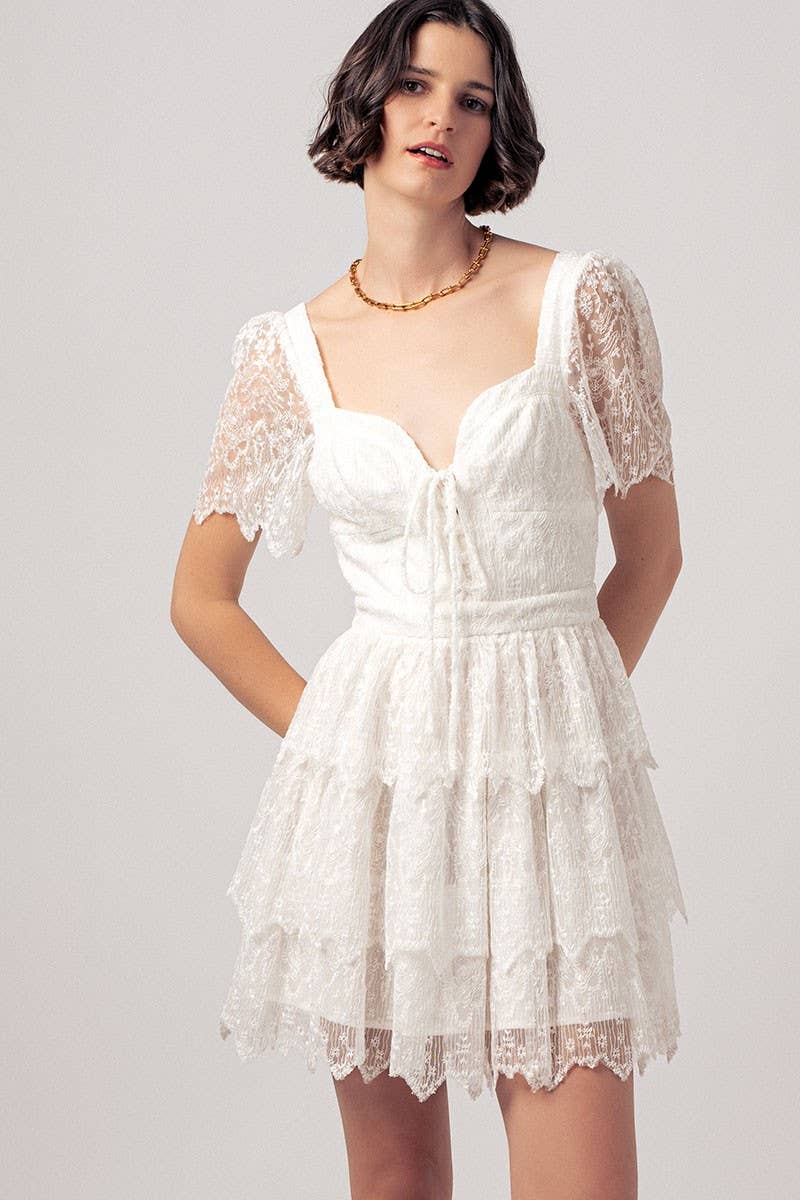 Tiered Lace Mini Dress with Corset Bodice and Puff Sleeves