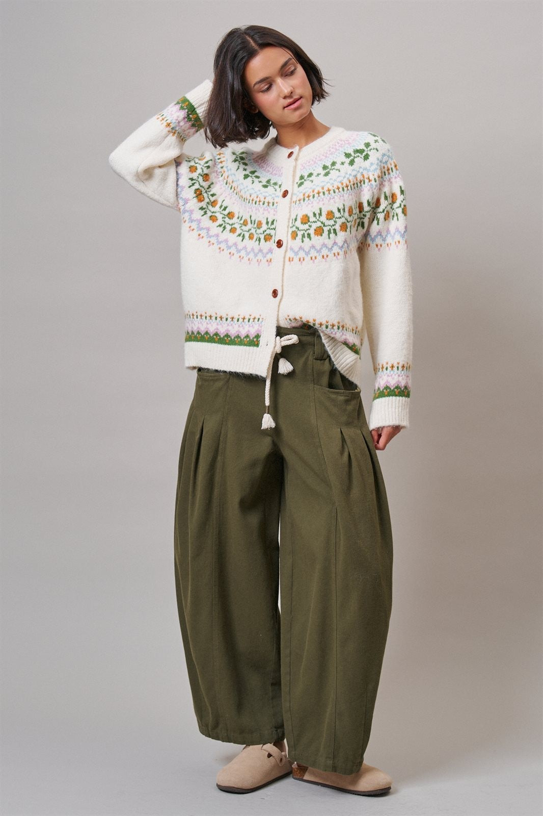 Pleated Wide-Leg Barrel Pant with Drawstring in OLIVE - Women's Casual Pants | Urban Daizy