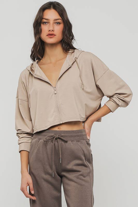 Urban Daizy Cropped Zip Up Drawstring Hooded Workout Jacket Stone Athletic Jacket - Women's (UDZ-OT-00350)