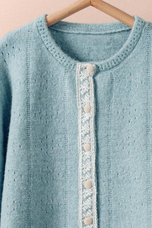 Elegant Wool Blend Cardigan with Lace Trim Detail in RED - Women's Cardigans & Shrugs | Urban Daizy
