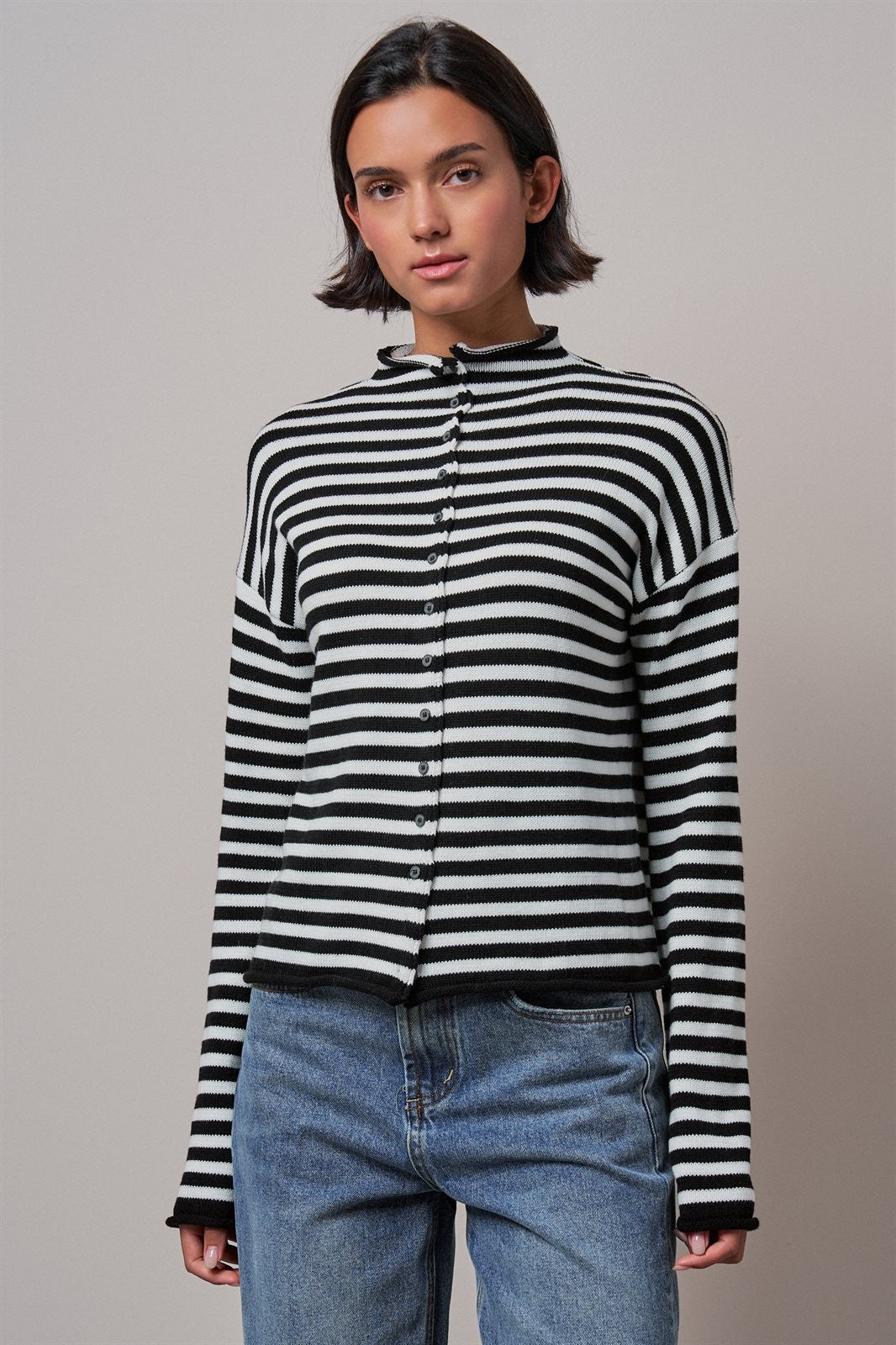 Striped Polo Collar Button Sweater with Rolled Edges in IVORY BLACK - Women's Cardigans & Shrugs | Urban Daizy