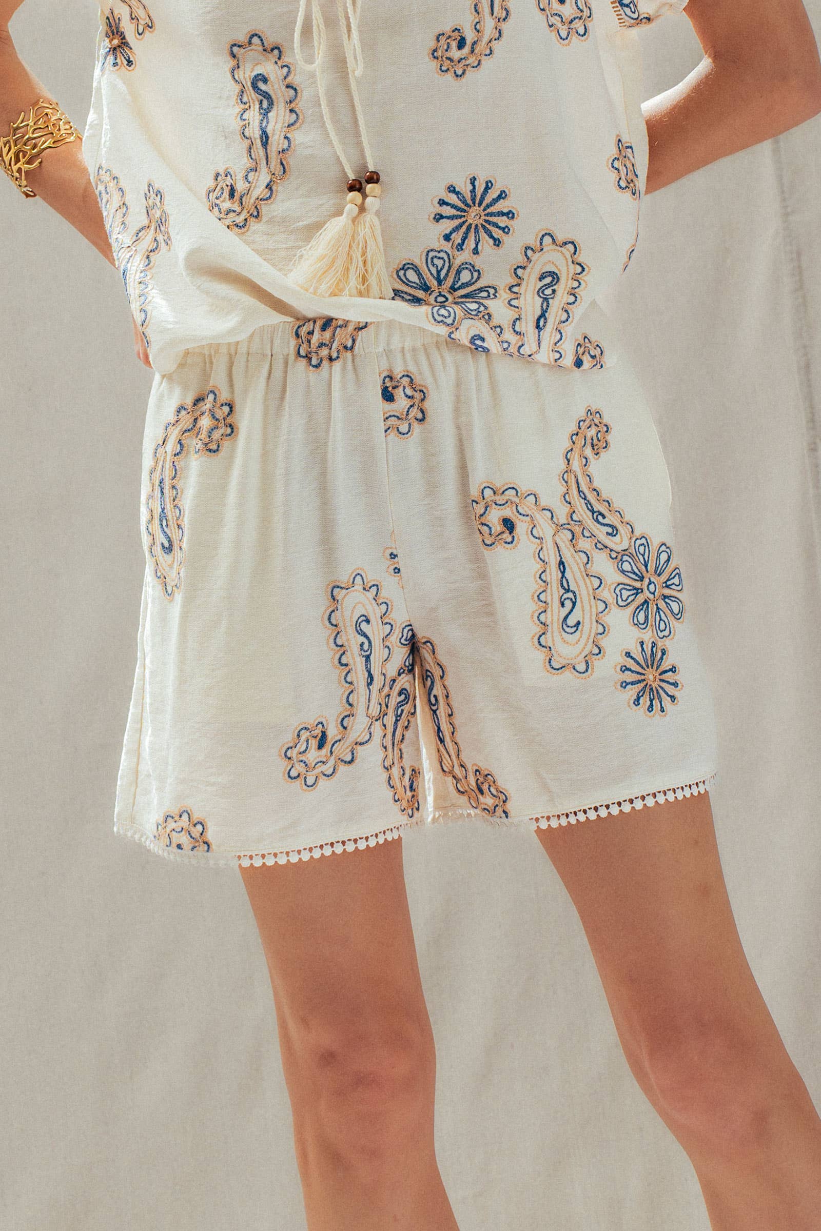 Paisley Embroidered Linen Blend Shorts