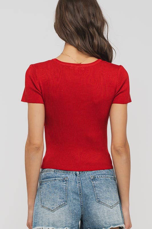 Urban Daizy Ribbed Scoop Neck Henley Cropped Summer Top Blue Knit Top - Women's (UDZ-TP-00758) – alternate view 3