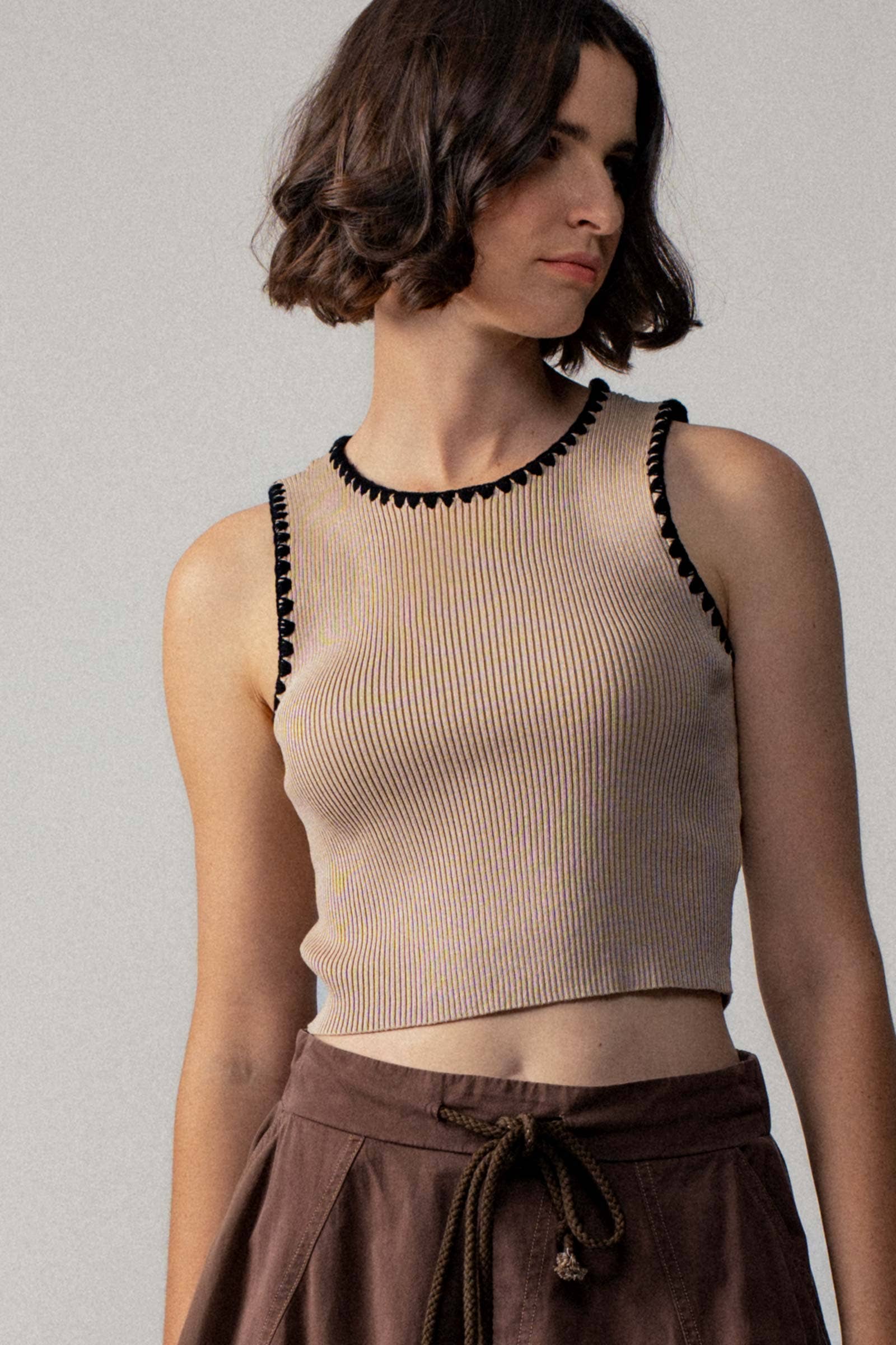 Urban Daizy Scalloped Ribbed Knit Crop Top Khaki Knit Top - Women's (UDZ-TP-00809) – alternate view 4