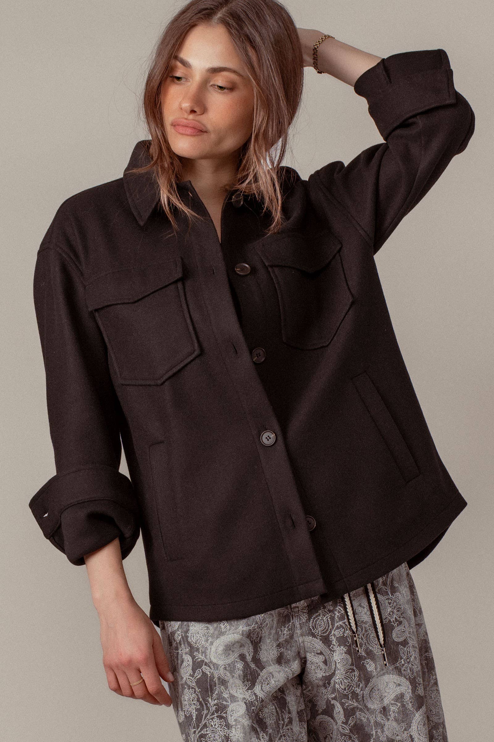 Urban Daizy Colorblock Wool Blend Shacket Jacket Black Shirt Jacket/Shacket - Women's (UDZ-TP-00812) – alternate view 12